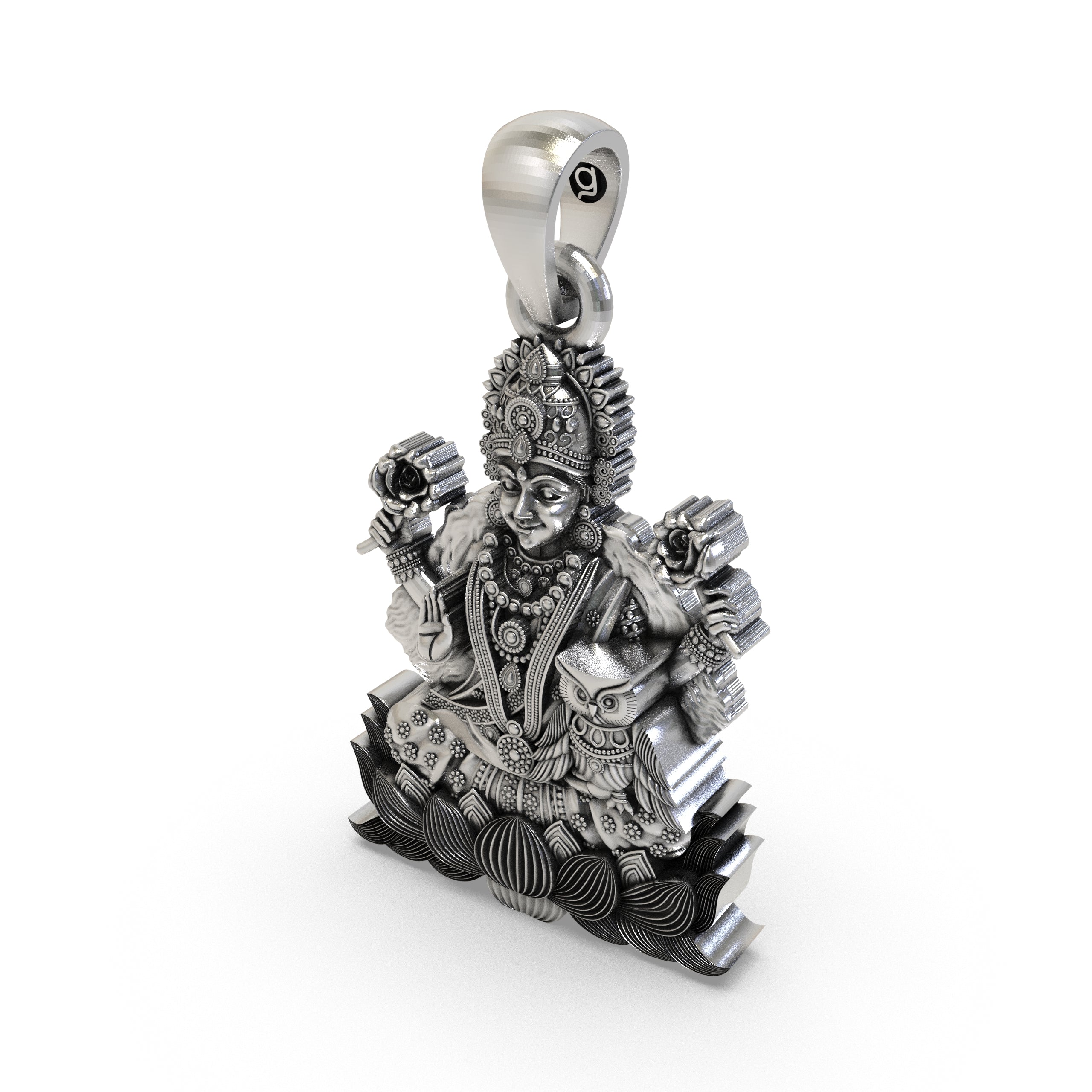 Detailed craftsmanship on the 925 silver spiritual Goddess Lakshmi pendant perfect for daily wear and puja.