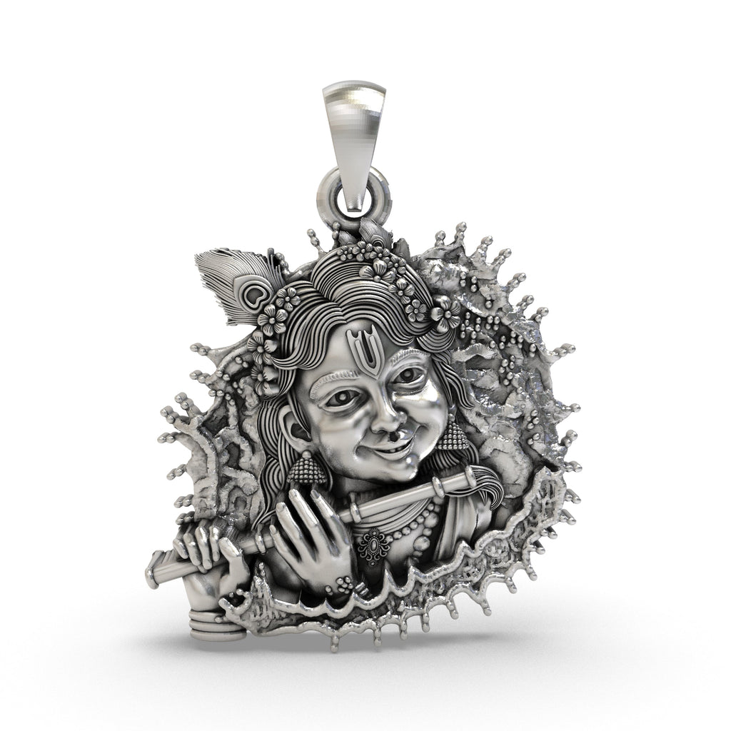 Front view of the 925 sterling silver Bal Krishna Flute Pendant showcasing intricate temple artistry.