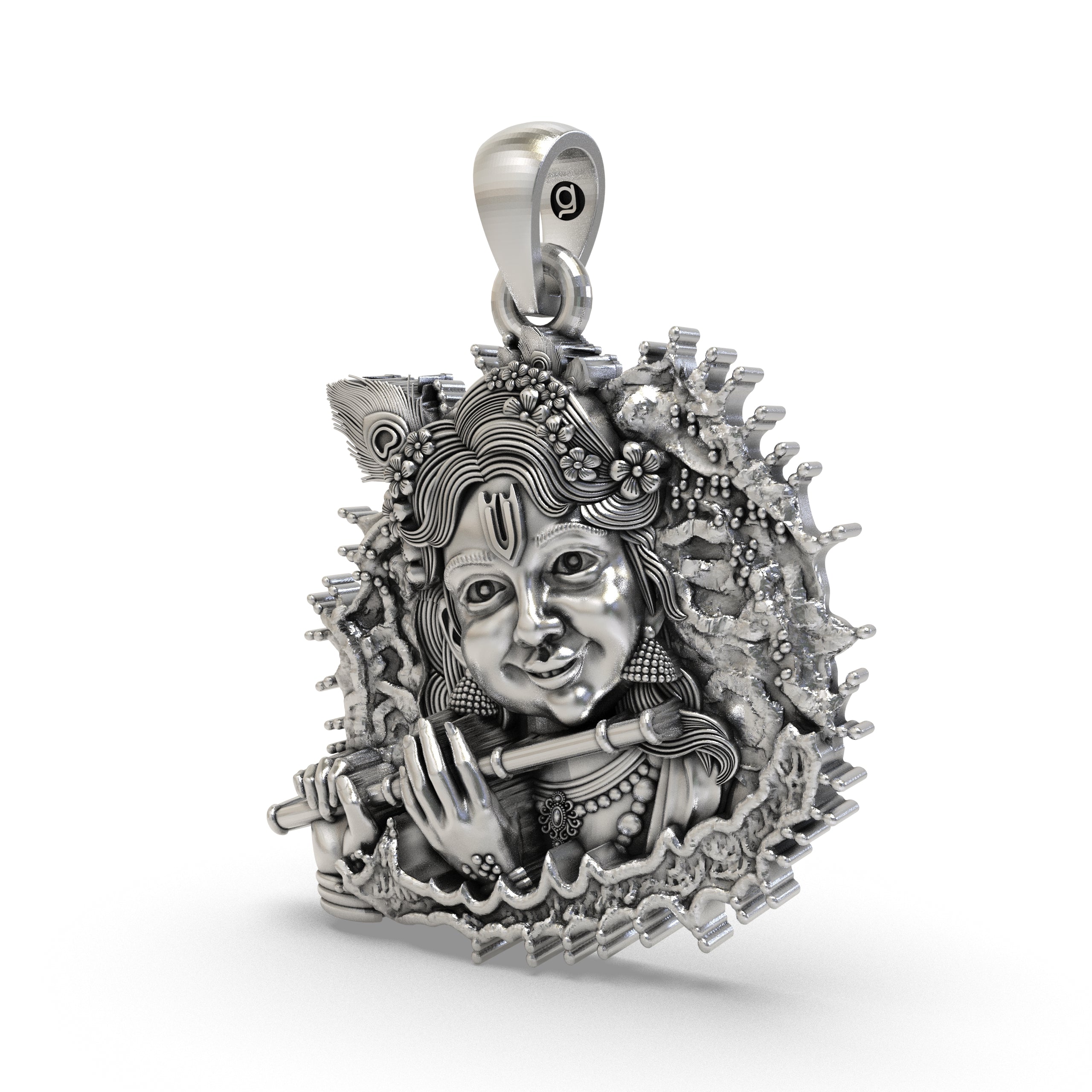 Close-up detail of the handcrafted Bal Krishna silver pendant highlighting the divine flute design.