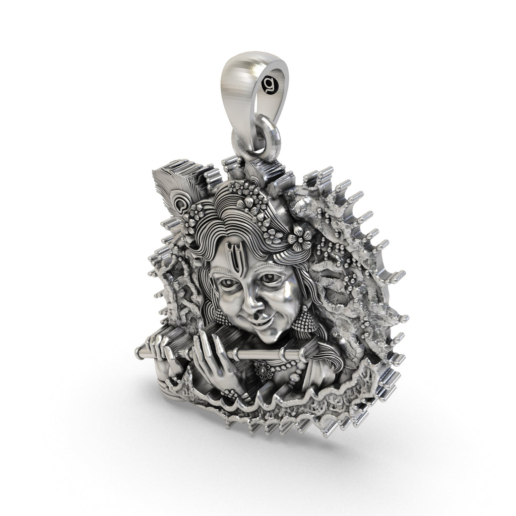 Worn look of the beautiful Bal Krishna Flute Pendant in pure sterling silver for divine blessings.