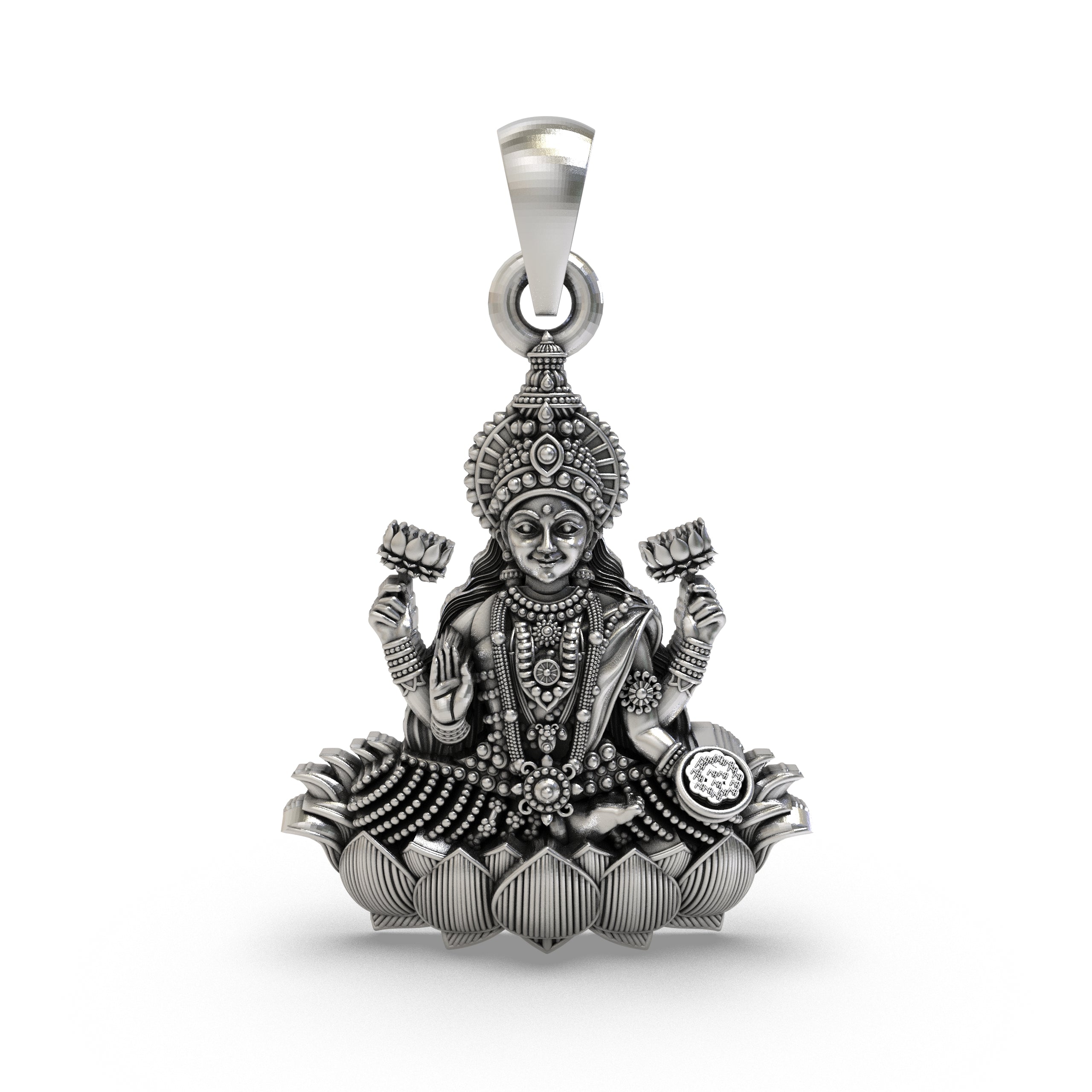 Front view of the handmade Lakshmi Maa Lotus Pendant in 925 sterling silver, showing the goddess seated on a lotus. Main image