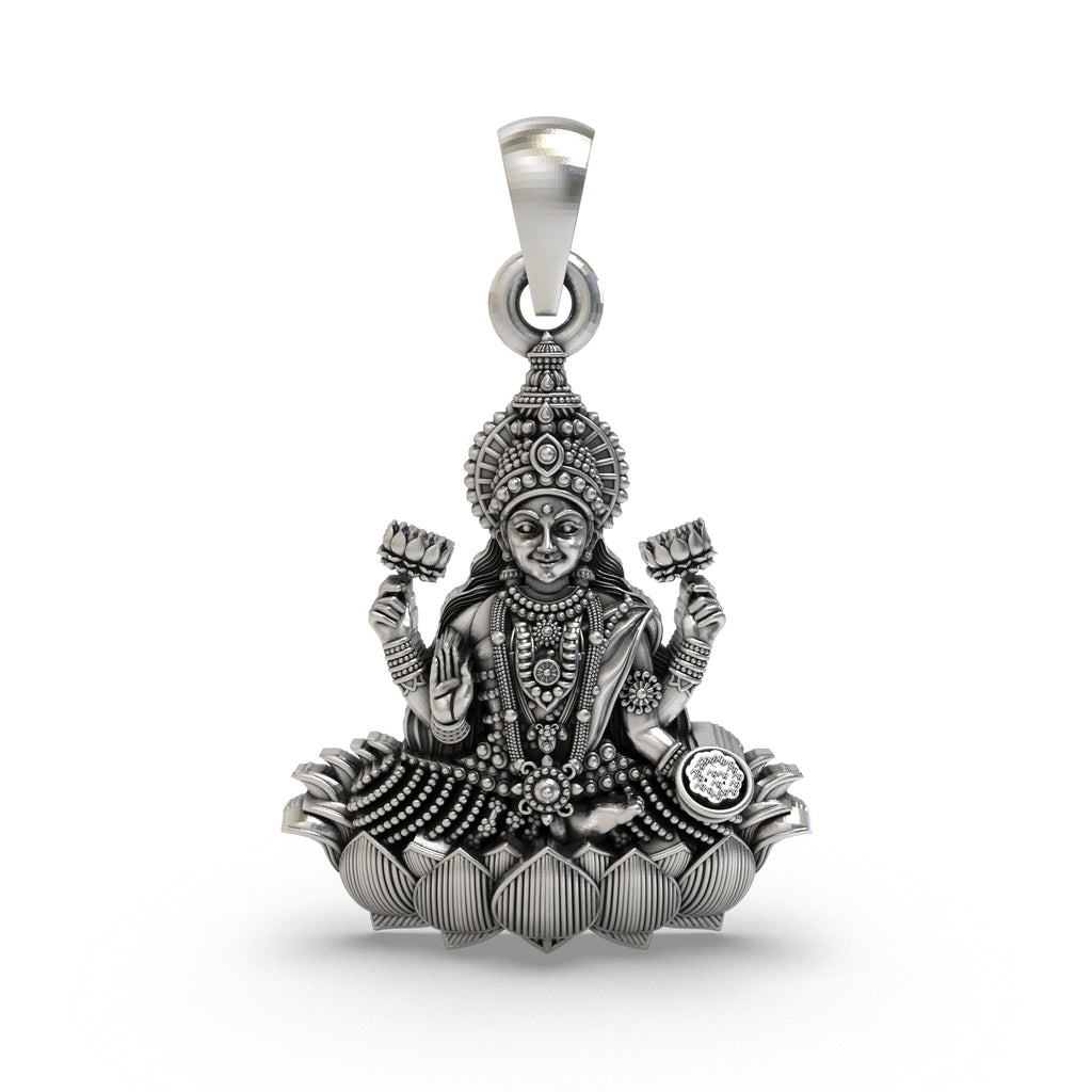 Front view of the handmade Lakshmi Maa Lotus Pendant in 925 sterling silver, showing the goddess seated on a lotus.