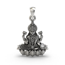 Front view of the handmade Lakshmi Maa Lotus Pendant in 925 sterling silver, showing the goddess seated on a lotus.