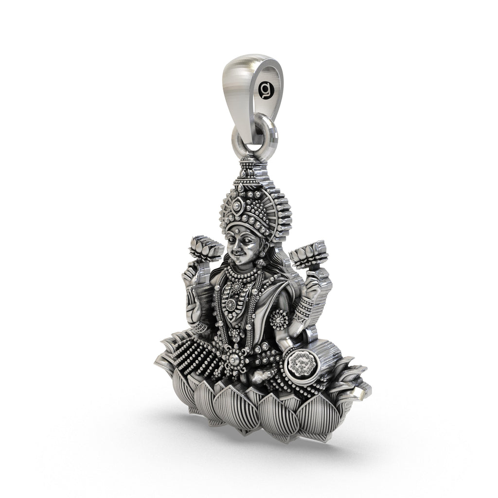 Angled side profile of the 925 sterling silver Lakshmi Maa Lotus Pendant, highlighting its intricate temple-style details.