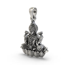 Angled side profile of the 925 sterling silver Lakshmi Maa Lotus Pendant, highlighting its intricate temple-style details.