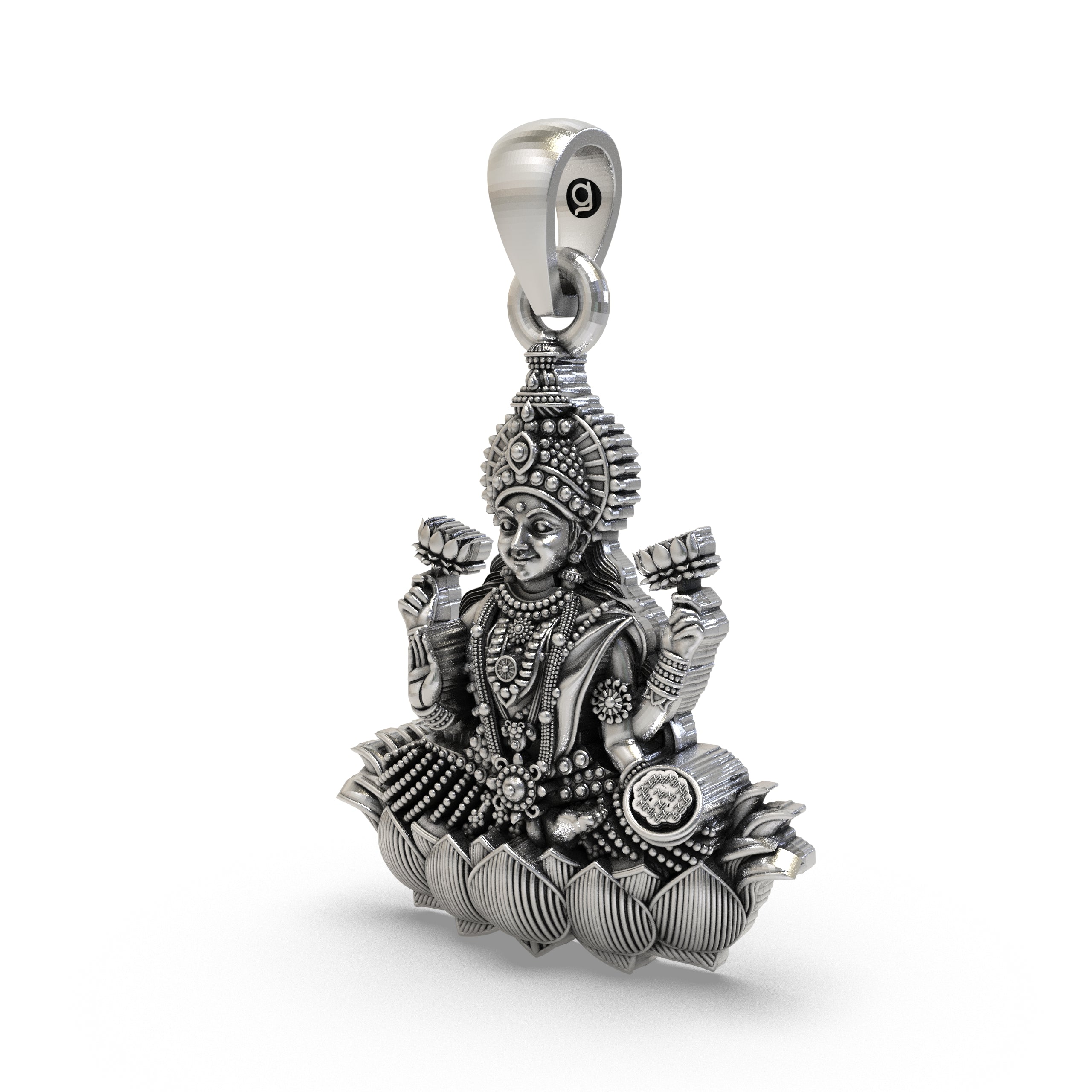Angled side profile of the 925 sterling silver Lakshmi Maa Lotus Pendant, highlighting its intricate temple-style details.