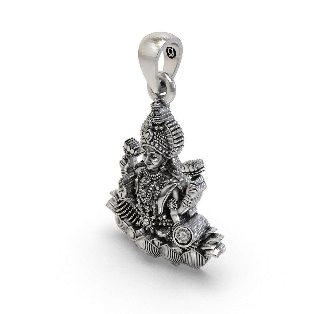 Full view of the spiritual Lakshmi Maa Lotus pendant, crafted from 925 sterling silver, showcasing its devotional design.