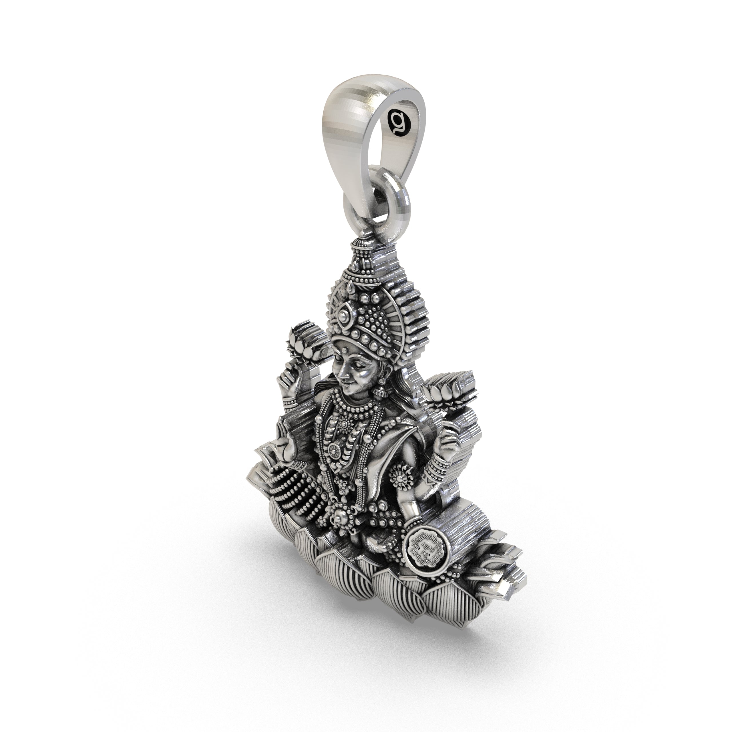 Full view of the spiritual Lakshmi Maa Lotus pendant, crafted from 925 sterling silver, showcasing its devotional design.