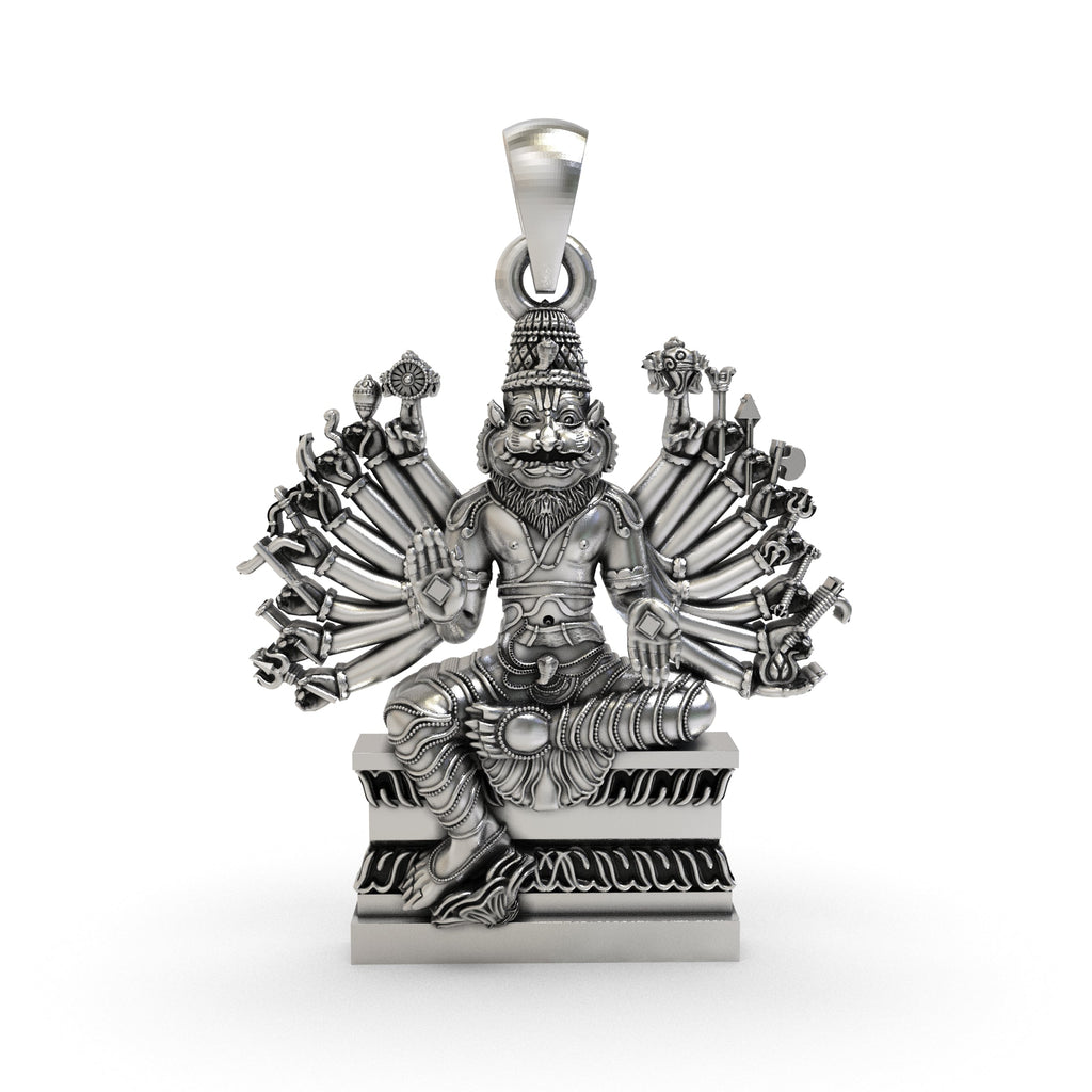 Front view of the 925 sterling silver Ugra Narasimha pendant showing multi-armed detailing.