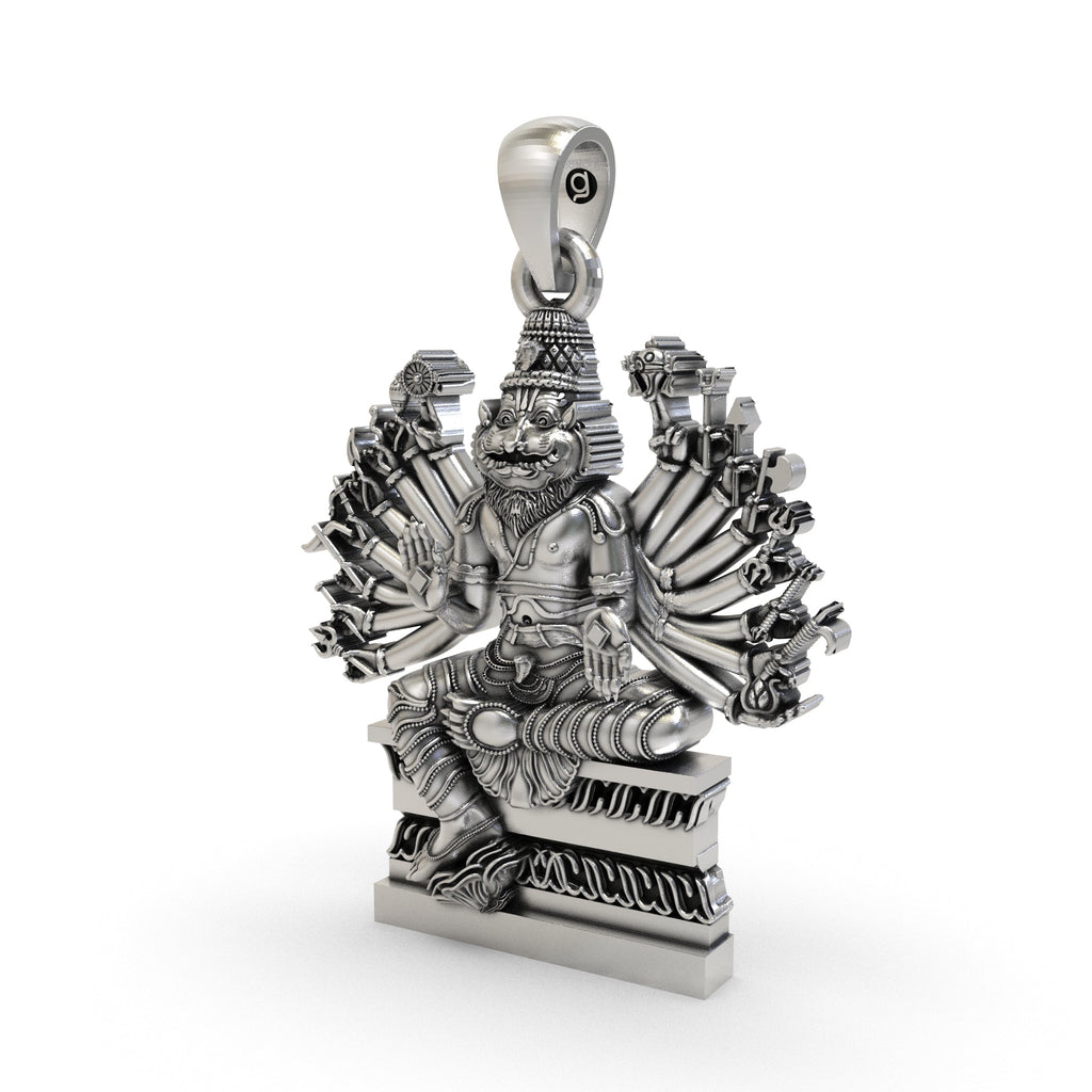 Close-up of the handcrafted silver Narasimha avatar pendant highlighting the antique oxidized finish.