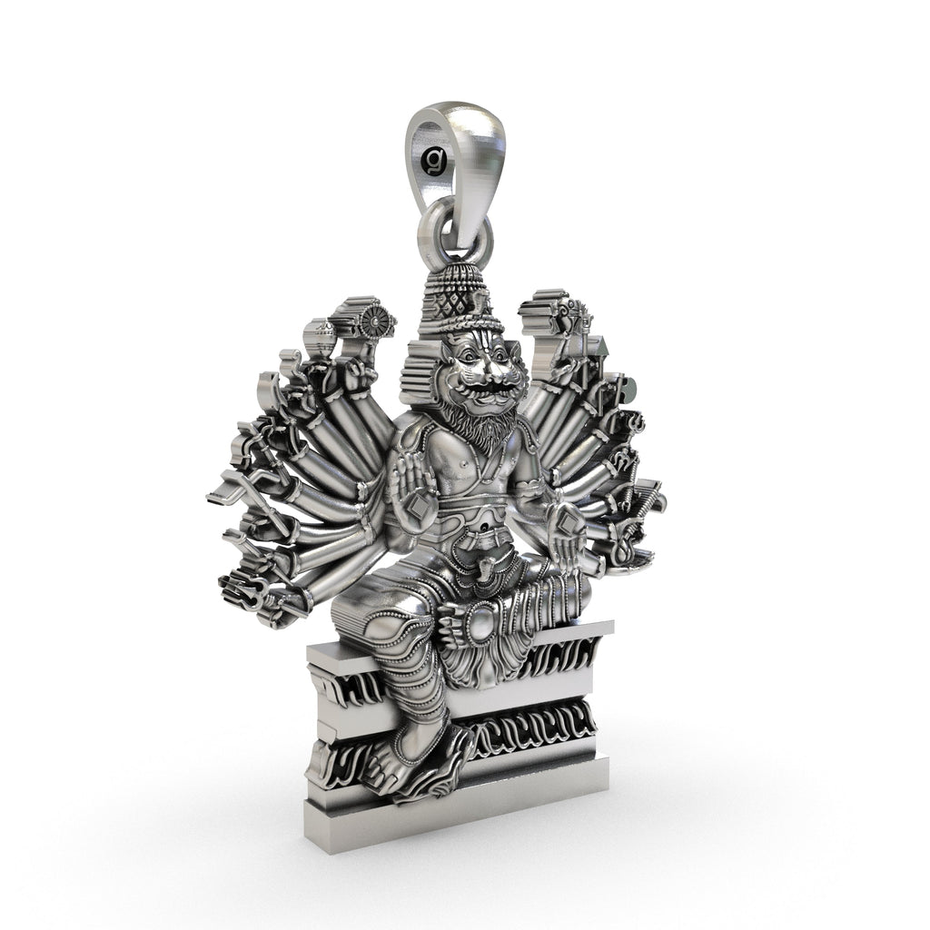 Angled view of the handmade Vishnu temple jewelry pendant crafted in pure hallmarked 925 silver.