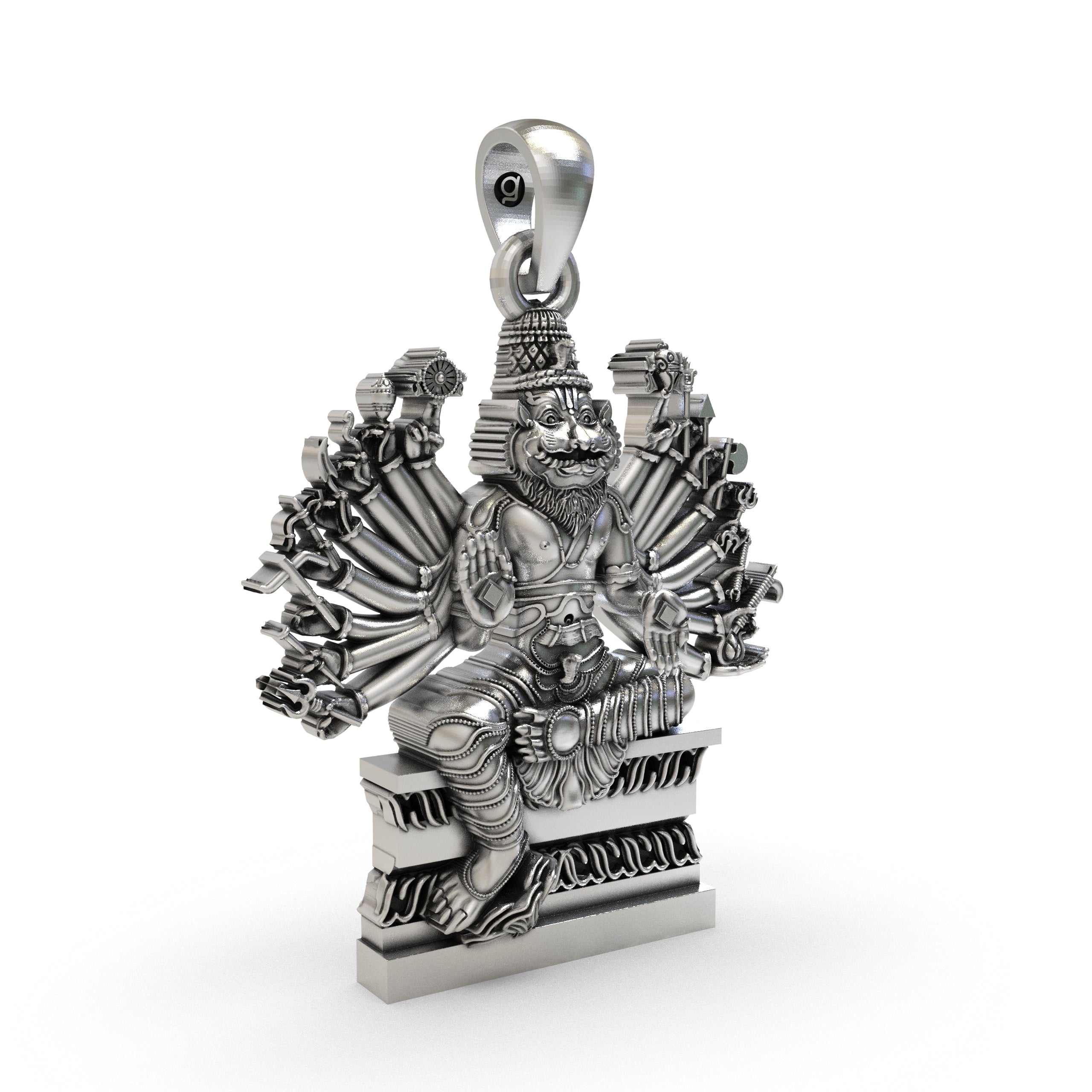 Angled view of the handmade Vishnu temple jewelry pendant crafted in pure hallmarked 925 silver.