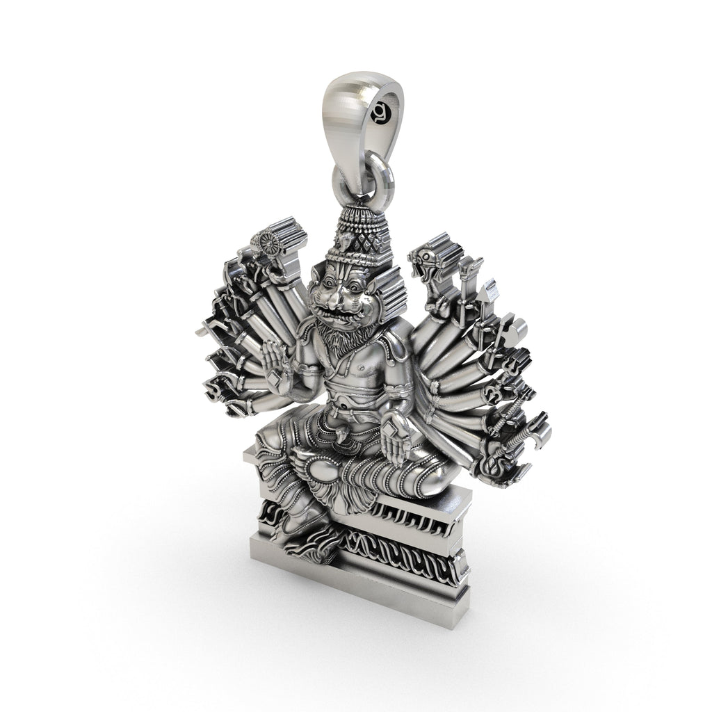 Detailed back and texture of the silver Ugra Narasimha deity pendant perfect for daily spiritual wear.