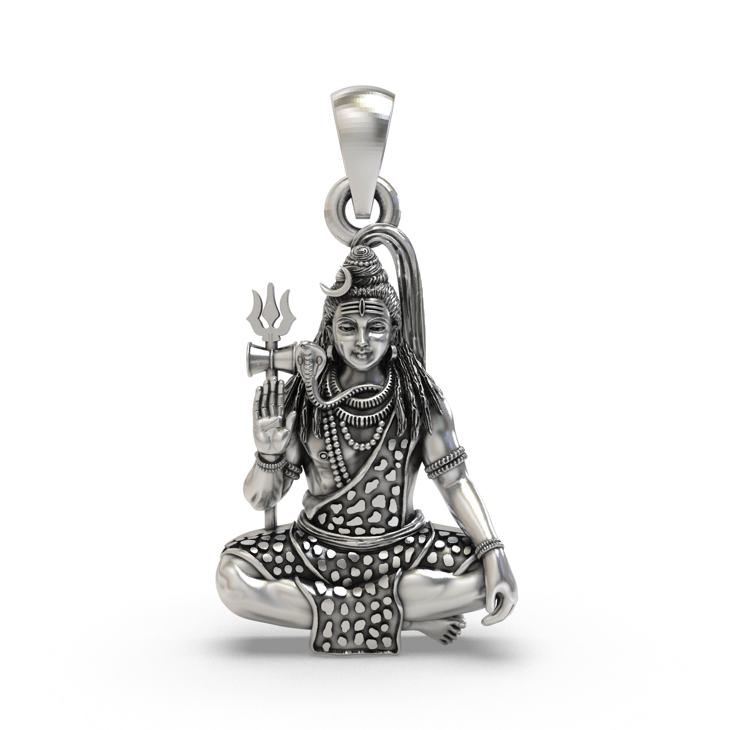 Front view of 925 sterling silver Lord Shiva meditation pendant with Trishul and snake detailing. Main image
