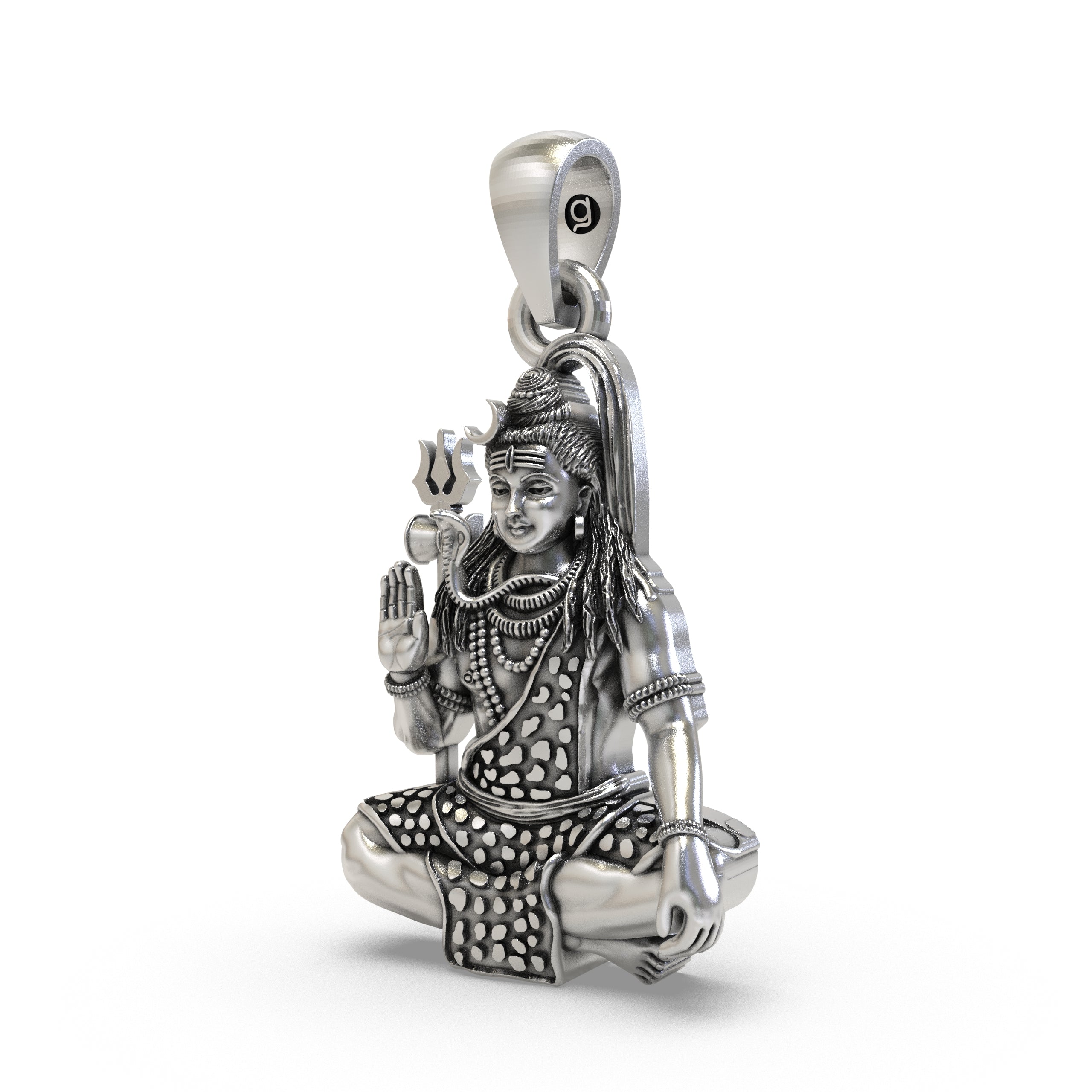 Close-up detail of the oxidized finish on this handcrafted 925 silver Mahadev temple pendant.
