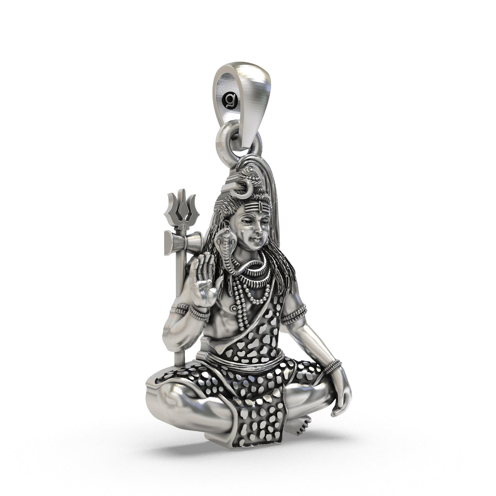 Side angle of the 925 silver Shiva pendant showing intricate carvings of the crescent moon and Trishul.