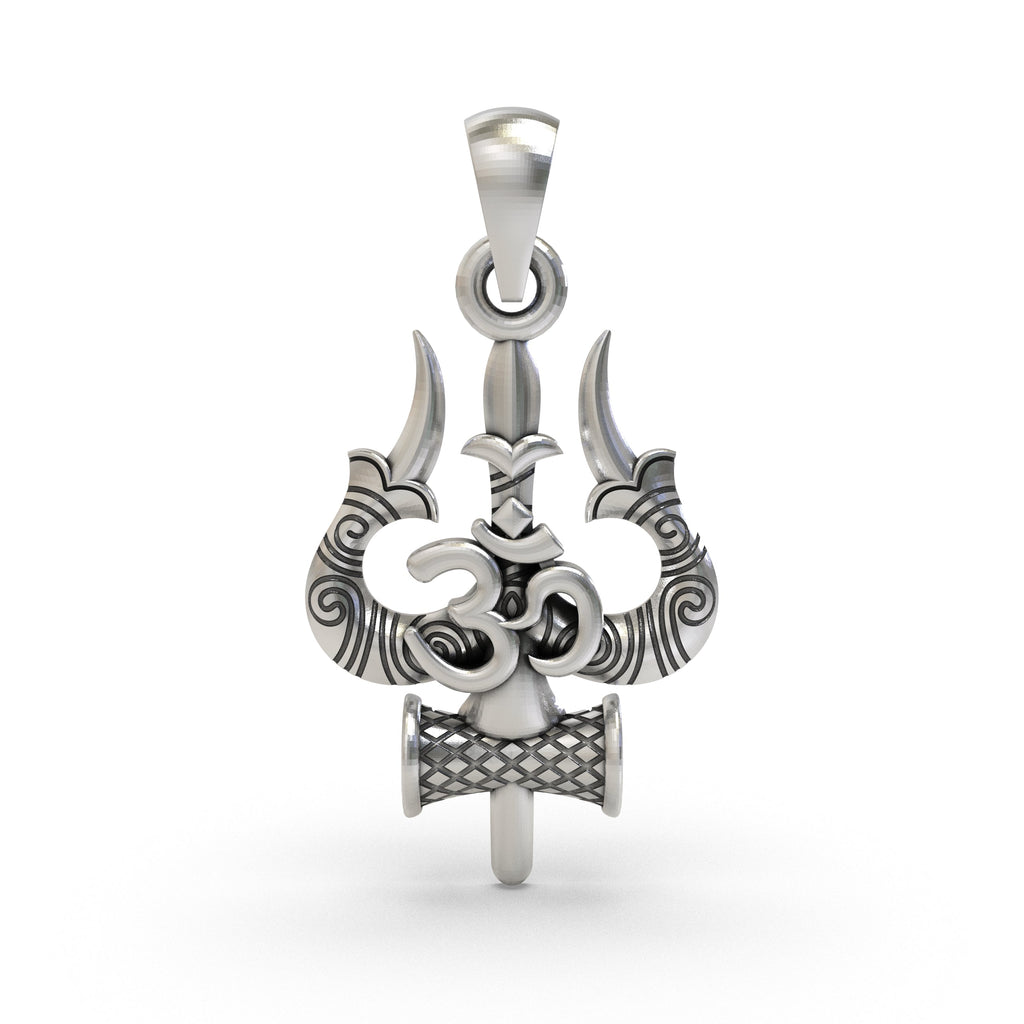Front view of the 925 sterling silver Trishul Om pendant featuring intricate Shiva Damru details.