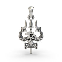 Front view of the 925 sterling silver Trishul Om pendant featuring intricate Shiva Damru details.