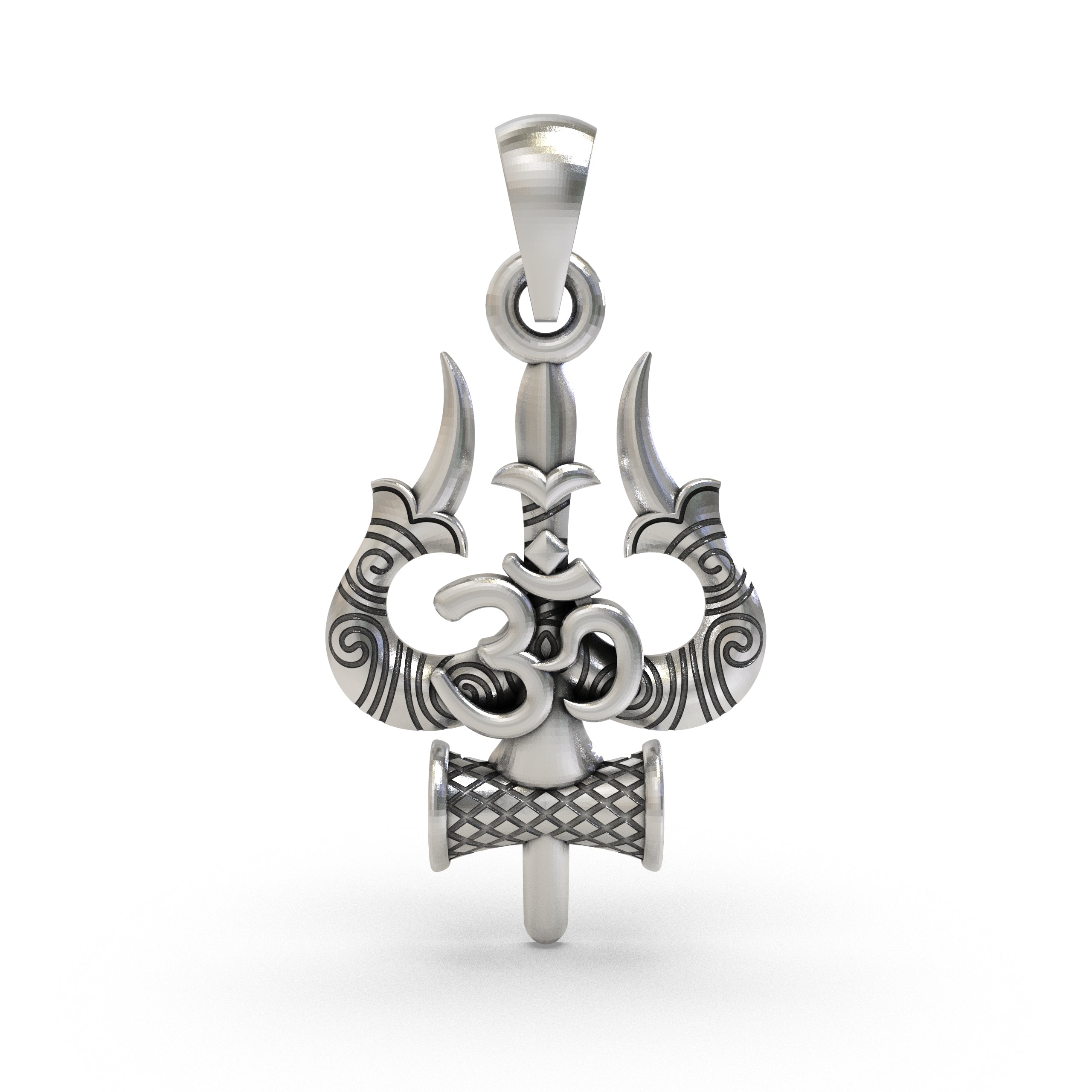 Front view of the 925 sterling silver Trishul Om pendant featuring intricate Shiva Damru details.