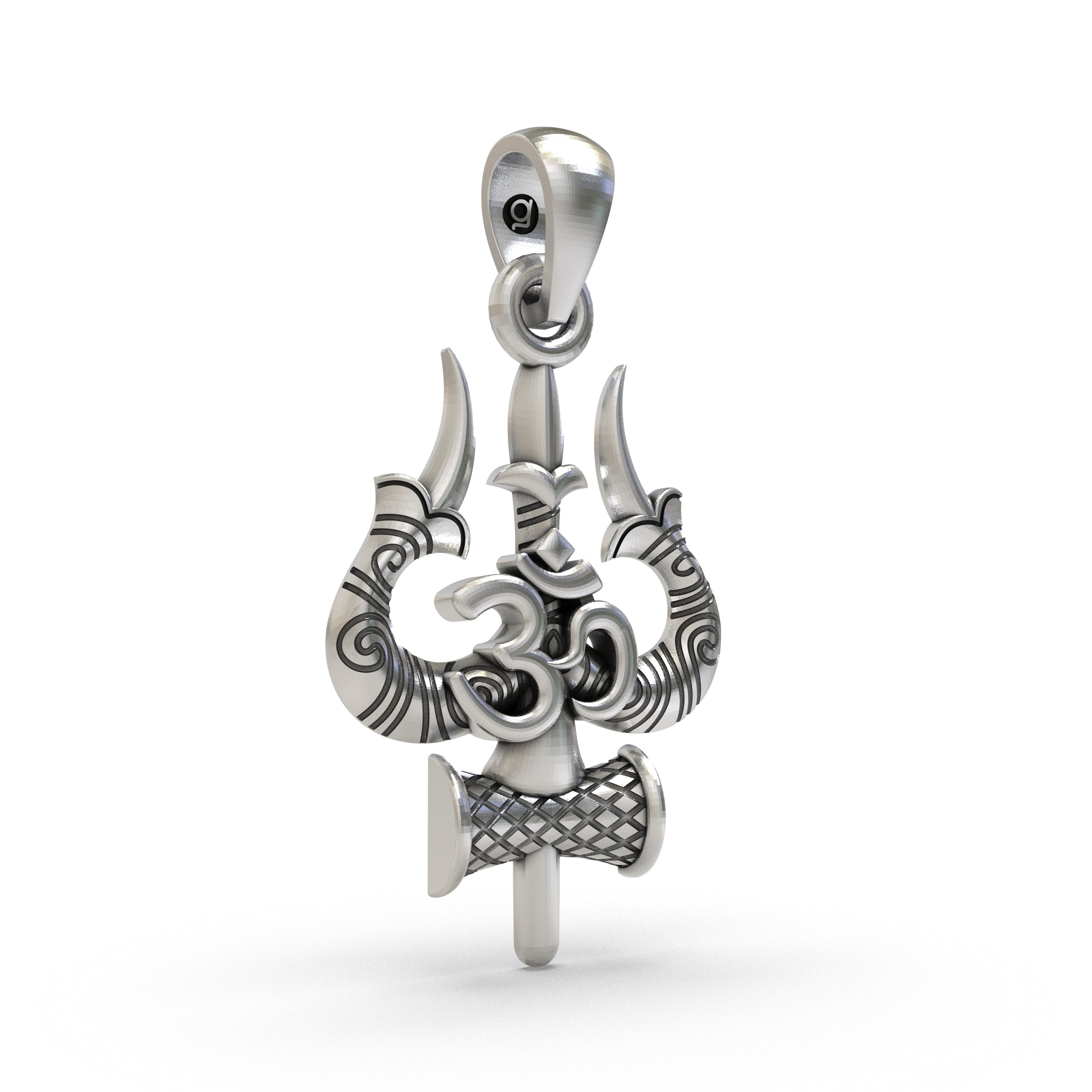 Side profile of the authentic 925 silver Shiva Trishul Om pendant showing temple craftsmanship.