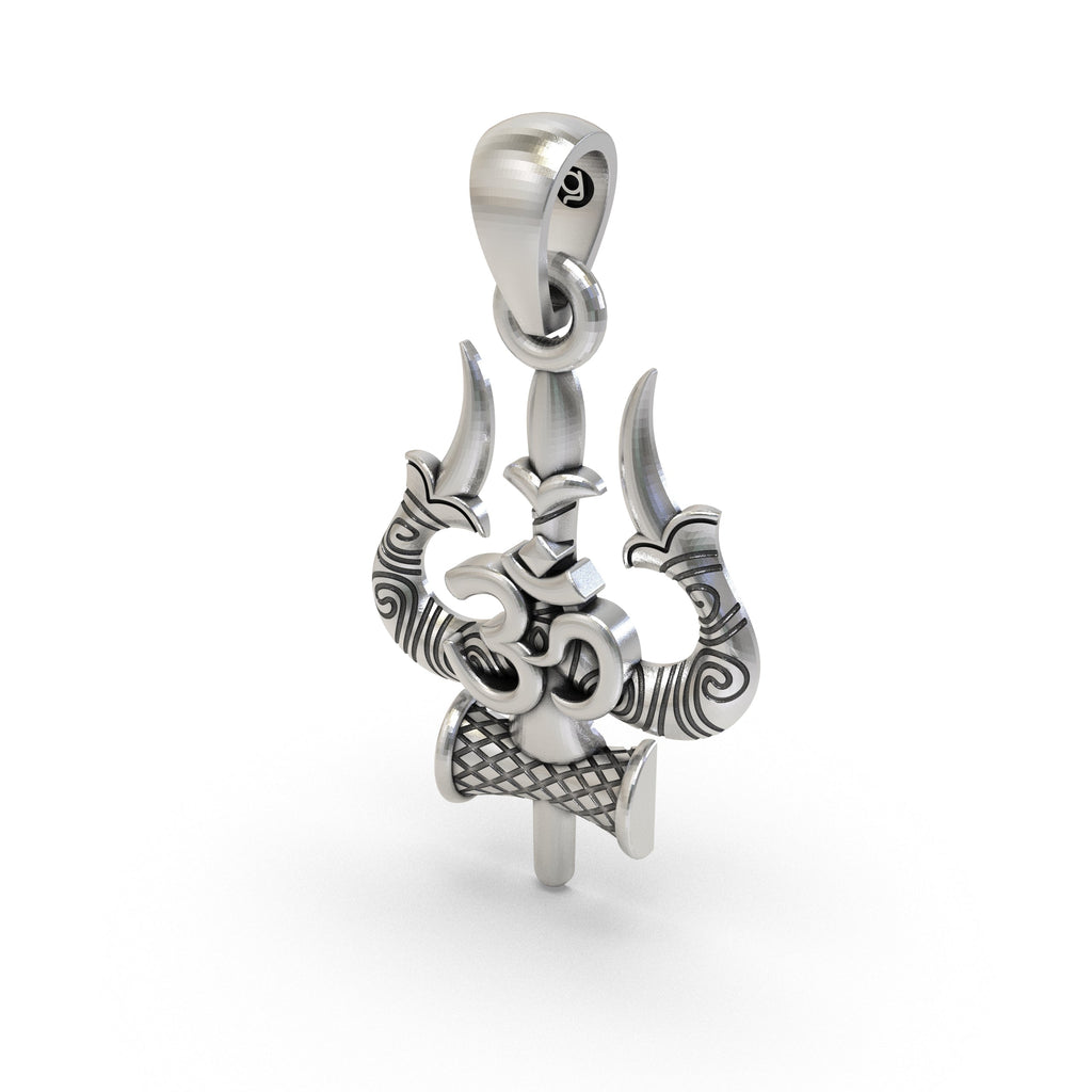 Handmade 925 sterling silver Trishul Om Damru pendant, perfect for daily wear and spiritual gifting.