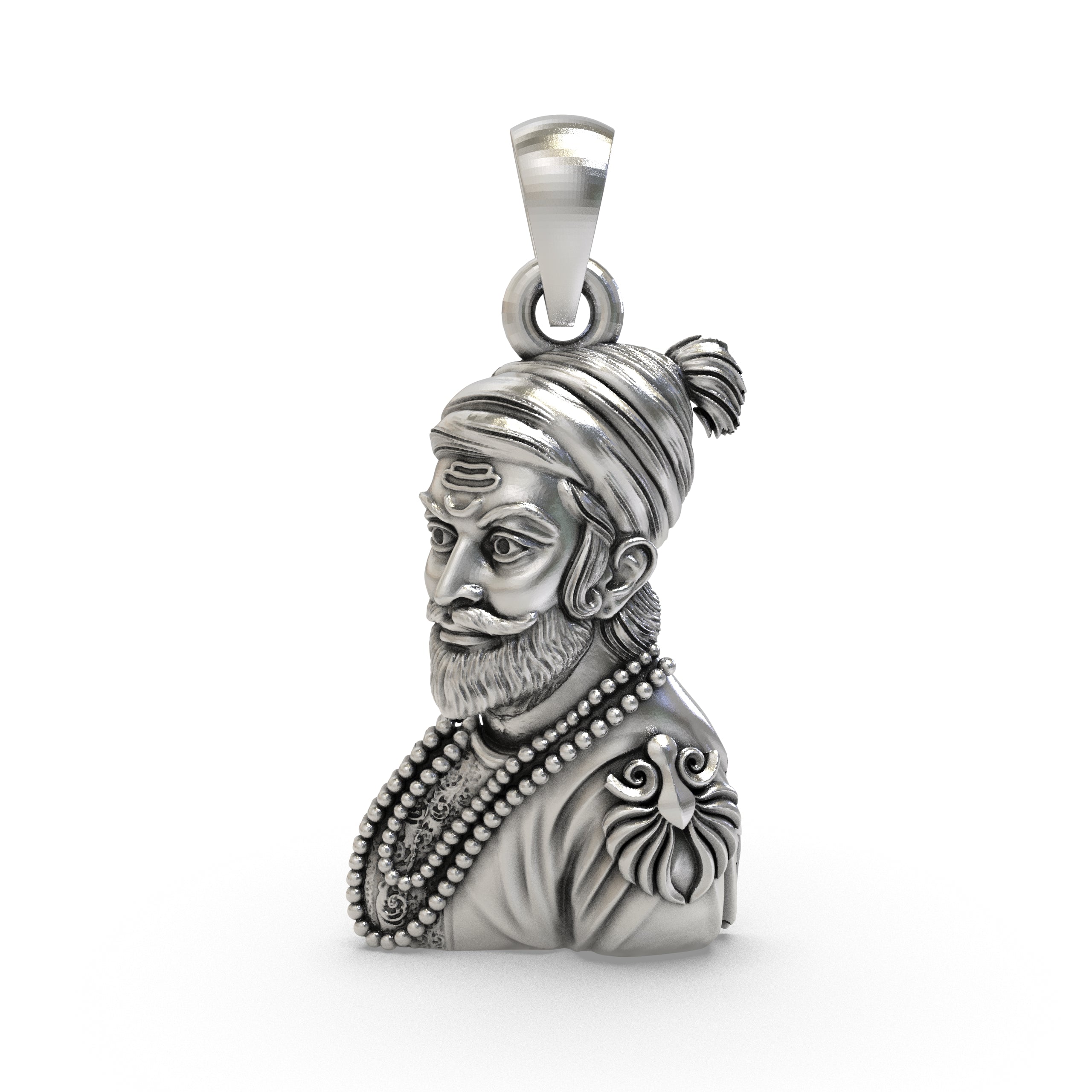 Front view of the 925 sterling silver Shivaji Maharaj pendant showing intricate heritage details.