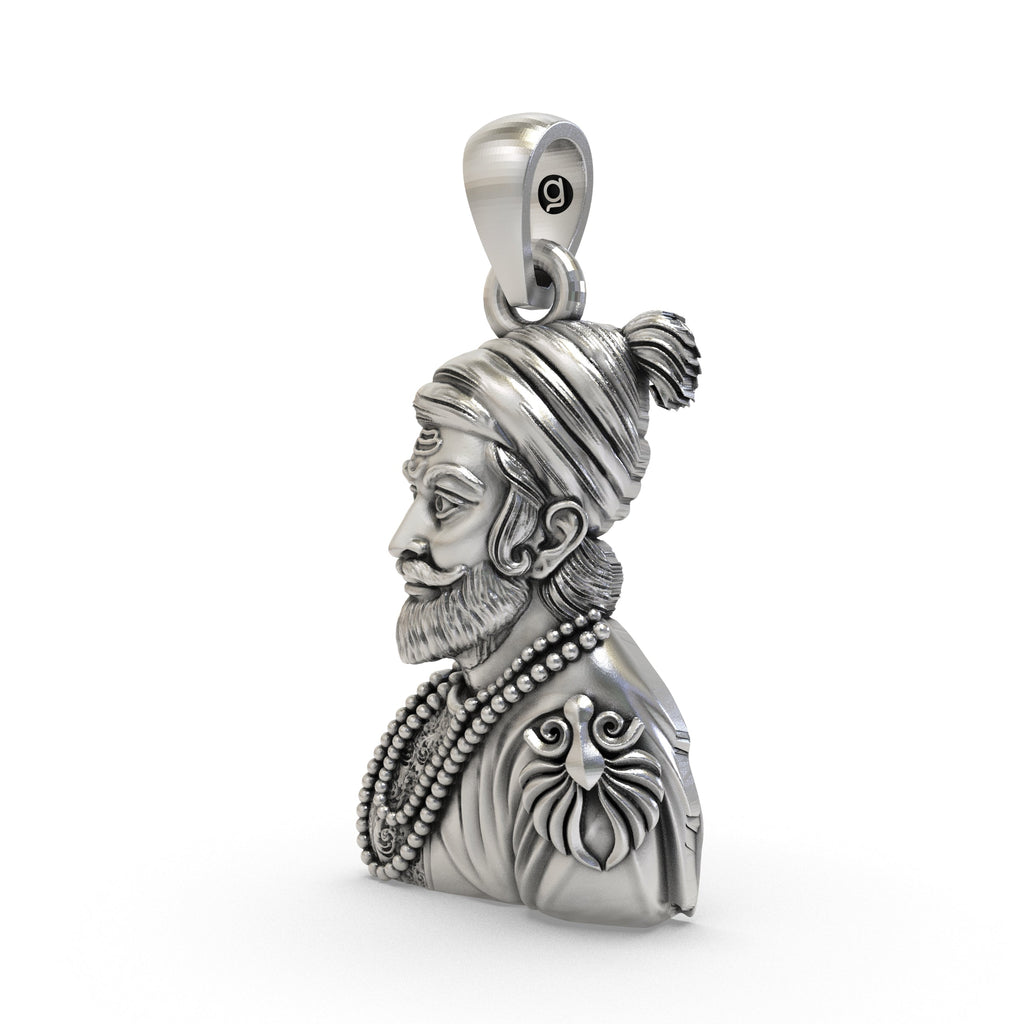 Close-up of the handcrafted silver Chhatrapati Shivaji Maharaj pendant highlighting the royal design.