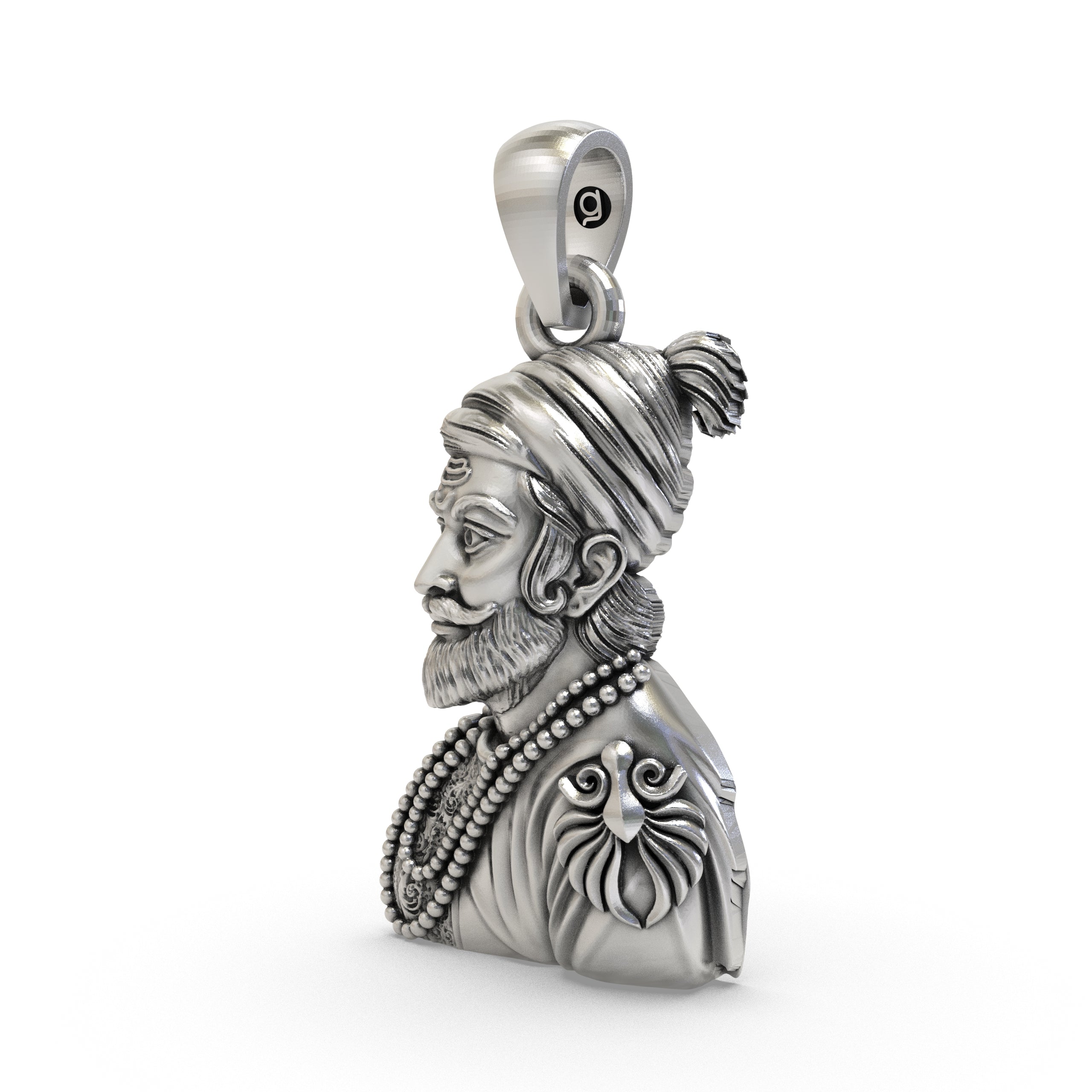 Close-up of the handcrafted silver Chhatrapati Shivaji Maharaj pendant highlighting the royal design.