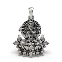 Front view of the 925 silver Lakshmi pendant showing Goddess Mahalakshmi on a lotus with kalash.
