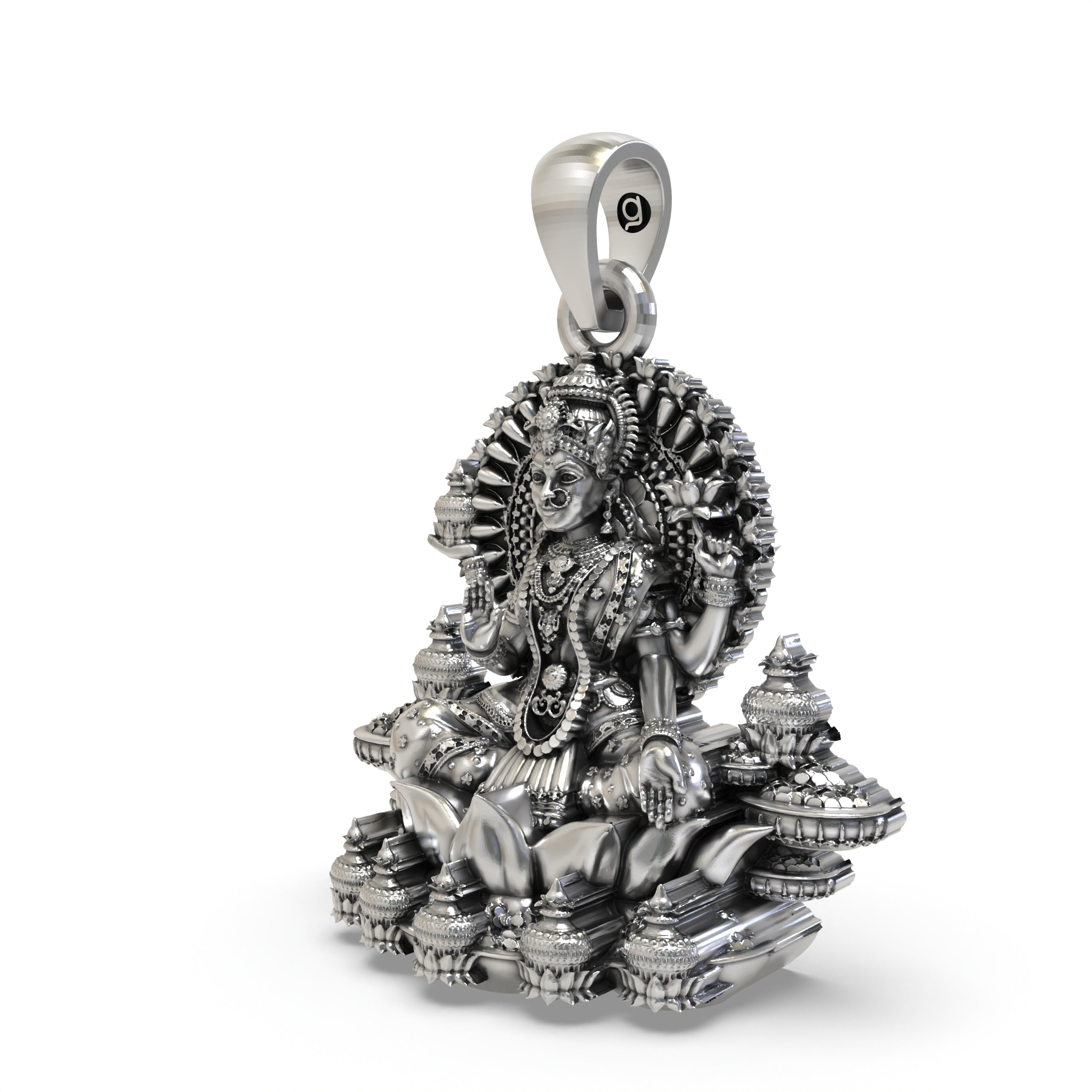 925 Sterling Silver Lakshmi Pendant — Goddess Mahalakshmi on Lotus with Kalash, Handmade Temple Jewellery Secondary image