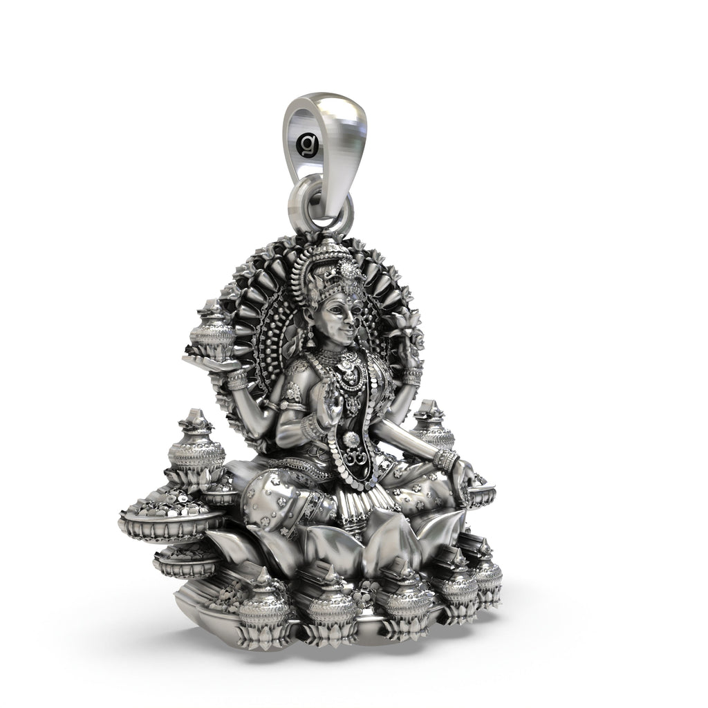 Side profile of the pure 925 sterling silver Mahalakshmi pendant highlighting the elegant finish.