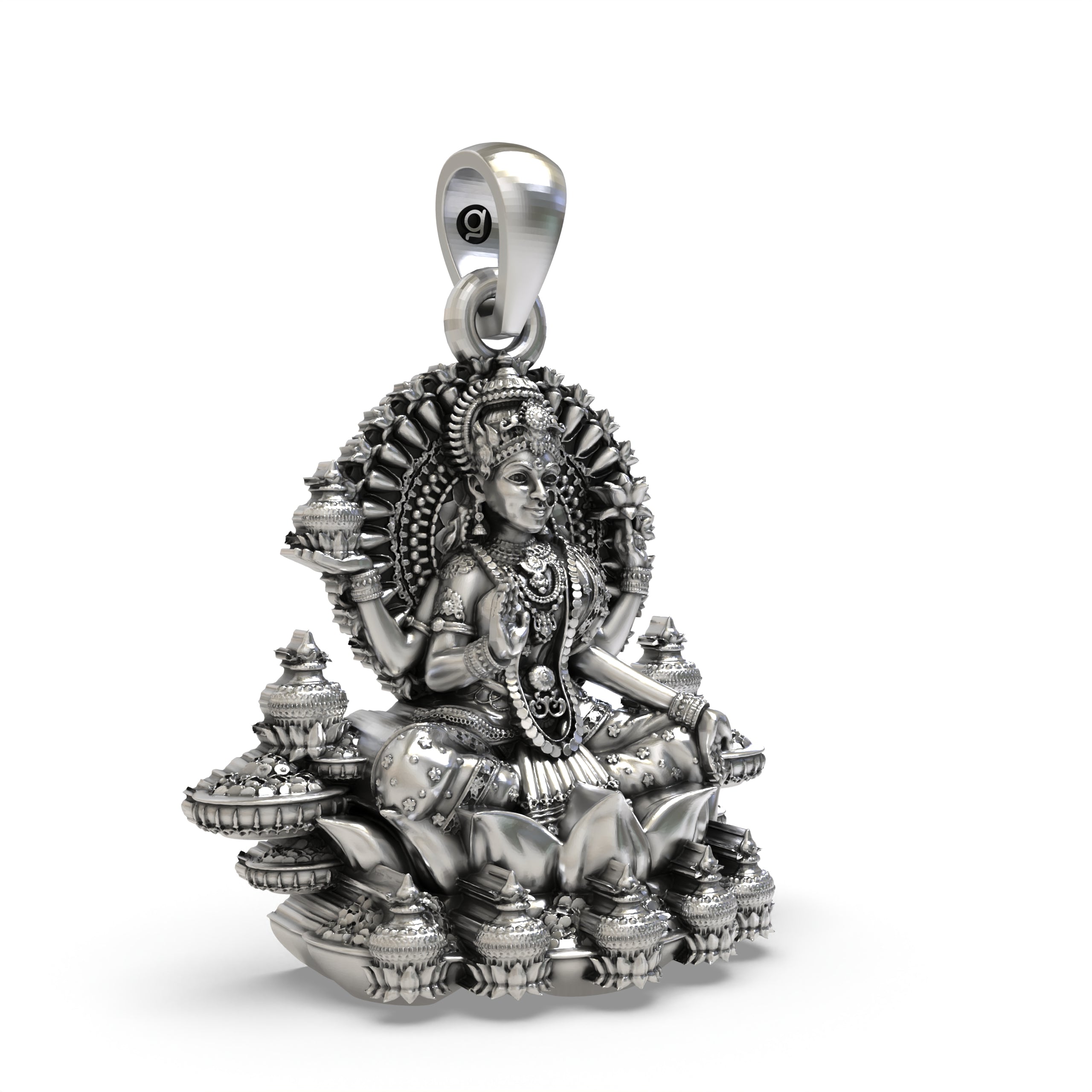 Side profile of the pure 925 sterling silver Mahalakshmi pendant highlighting the elegant finish.
