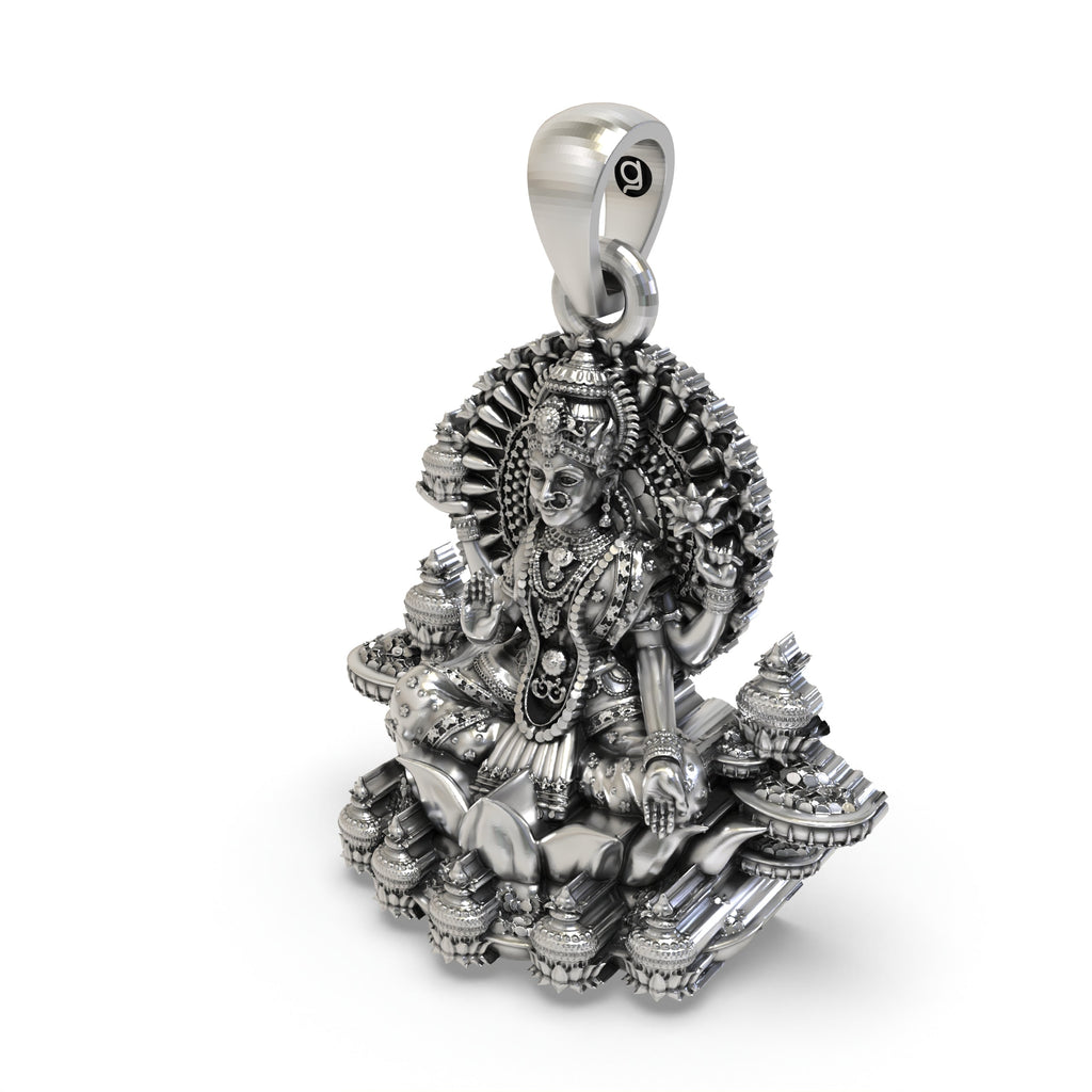 Worn look of the auspicious silver Lakshmi pendant, perfect for festive wear and spiritual gifting.