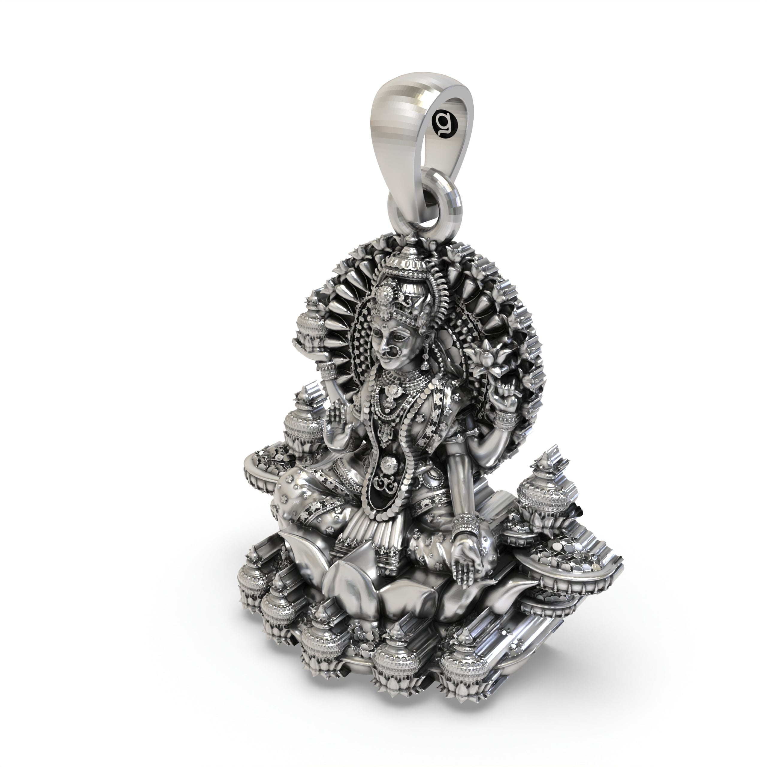 Worn look of the auspicious silver Lakshmi pendant, perfect for festive wear and spiritual gifting.