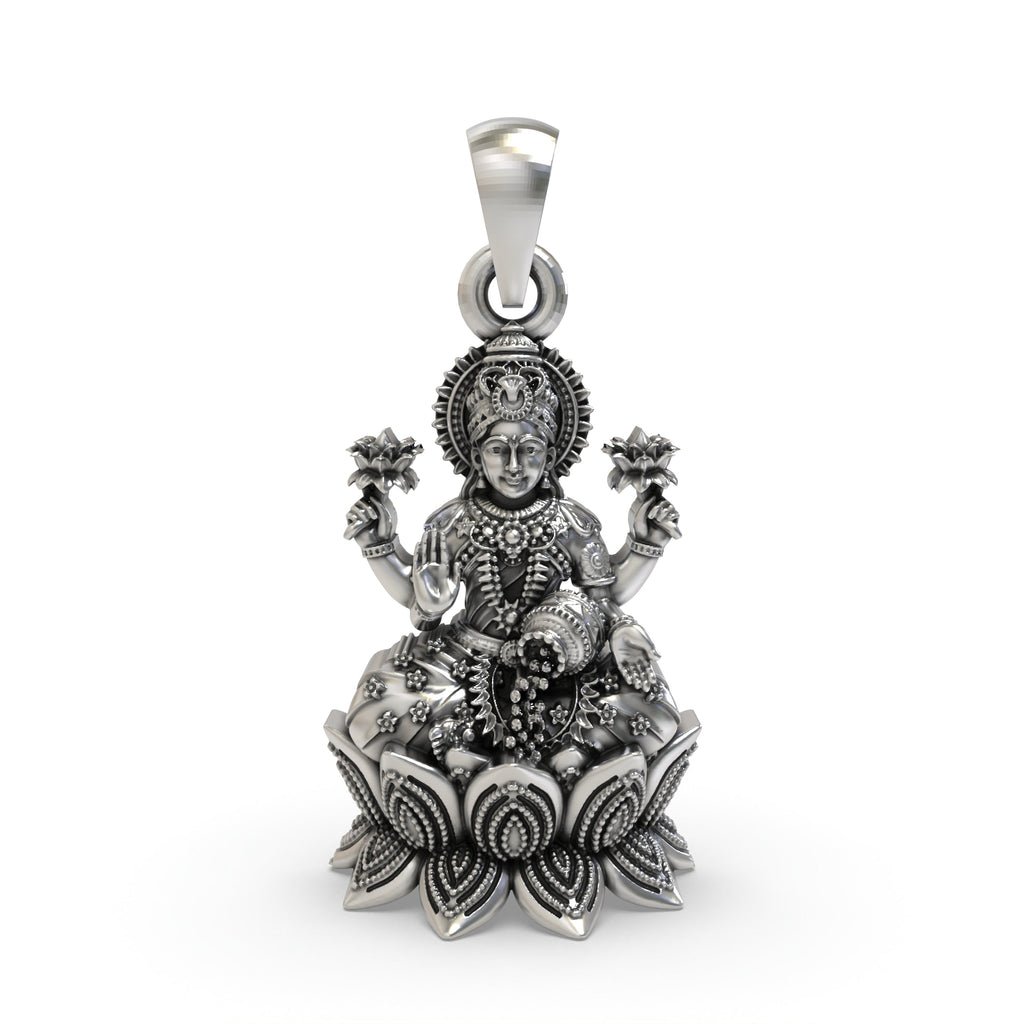 Front view of the 925 silver Goddess Lakshmi pendant featuring Mahalakshmi seated on a lotus.