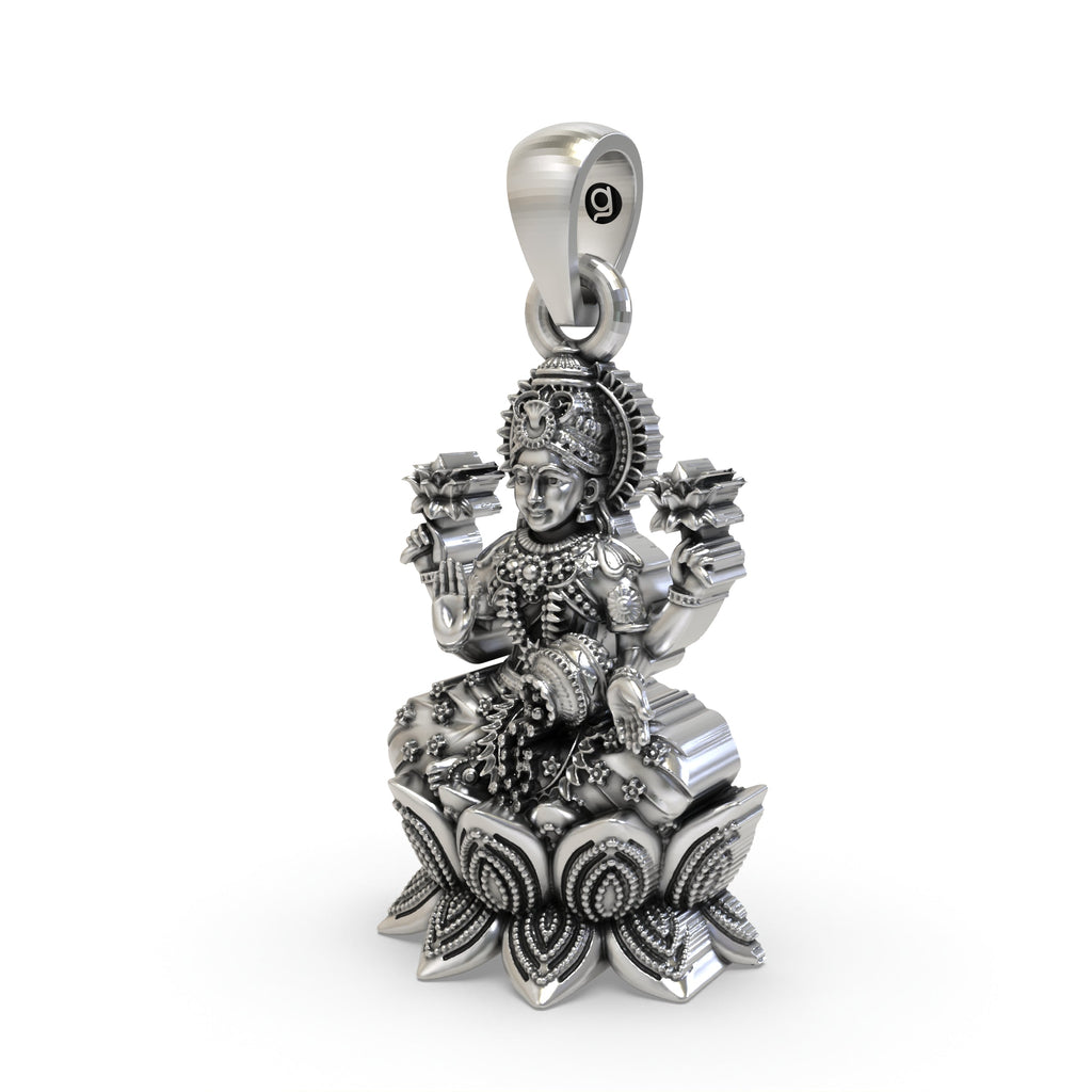 Close-up detail of the handmade 925 sterling silver Mahalakshmi pendant with antique oxidized finish.