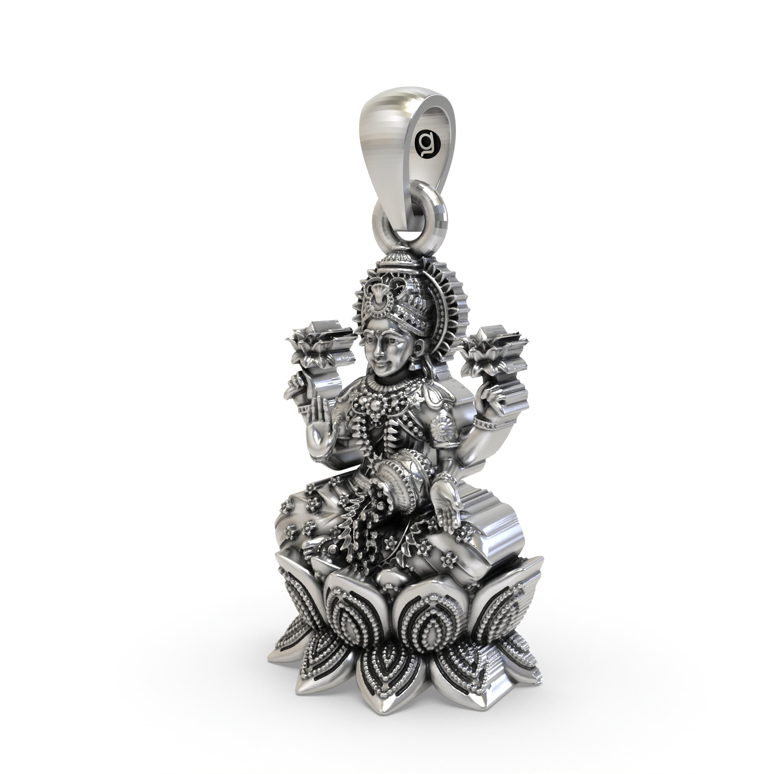 Close-up detail of the handmade 925 sterling silver Mahalakshmi pendant with antique oxidized finish.