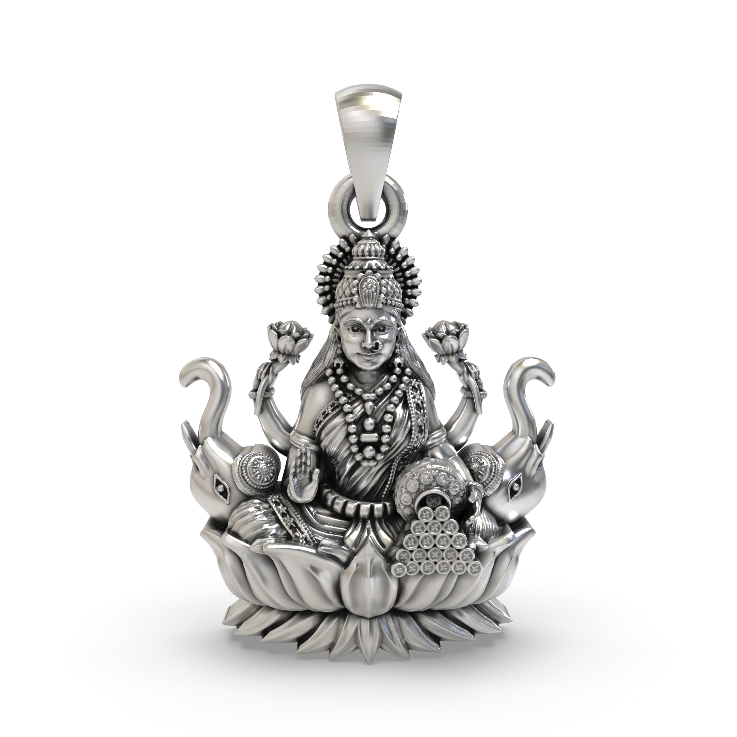 Front view of the 925 sterling silver Lakshmi pendant featuring Goddess Mahalakshmi on a lotus. Main image