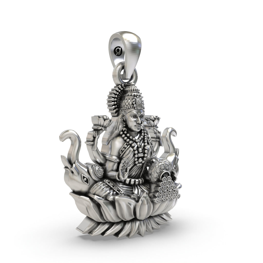 Side profile of the 925 silver temple jewellery Lakshmi pendant highlighting the artisan craftsmanship.