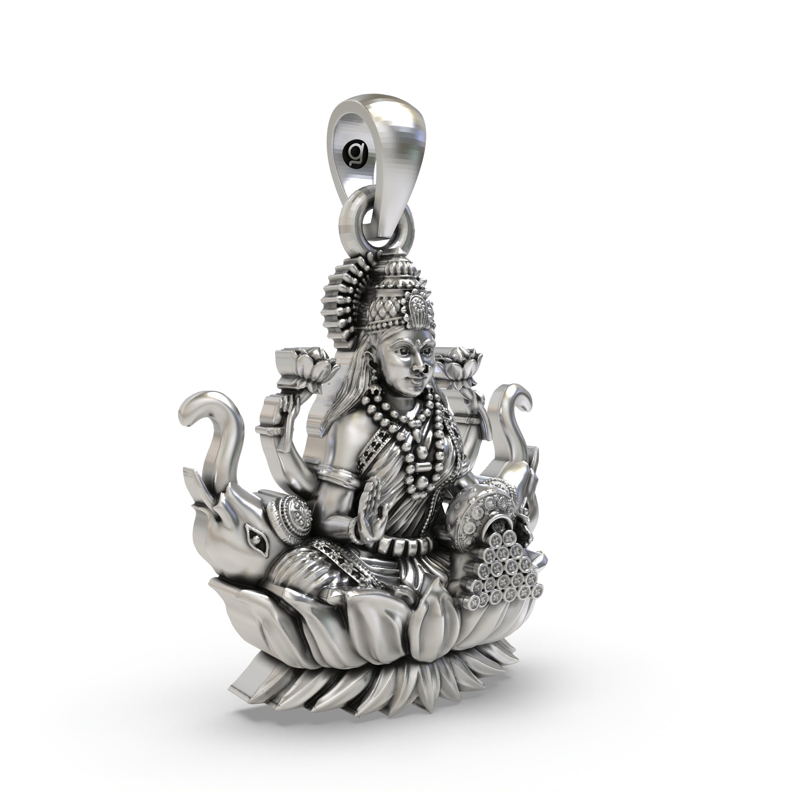 Side profile of the 925 silver temple jewellery Lakshmi pendant highlighting the artisan craftsmanship.