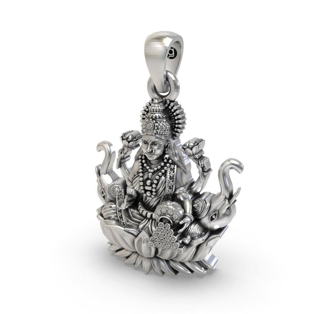 Beautifully detailed pure silver Goddess Mahalakshmi pendant, perfect for Diwali and auspicious gifting.