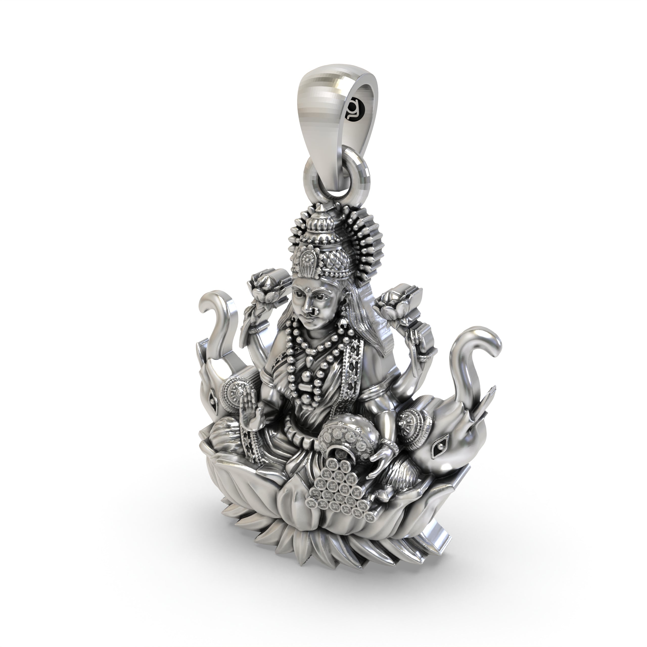 Beautifully detailed pure silver Goddess Mahalakshmi pendant, perfect for Diwali and auspicious gifting.