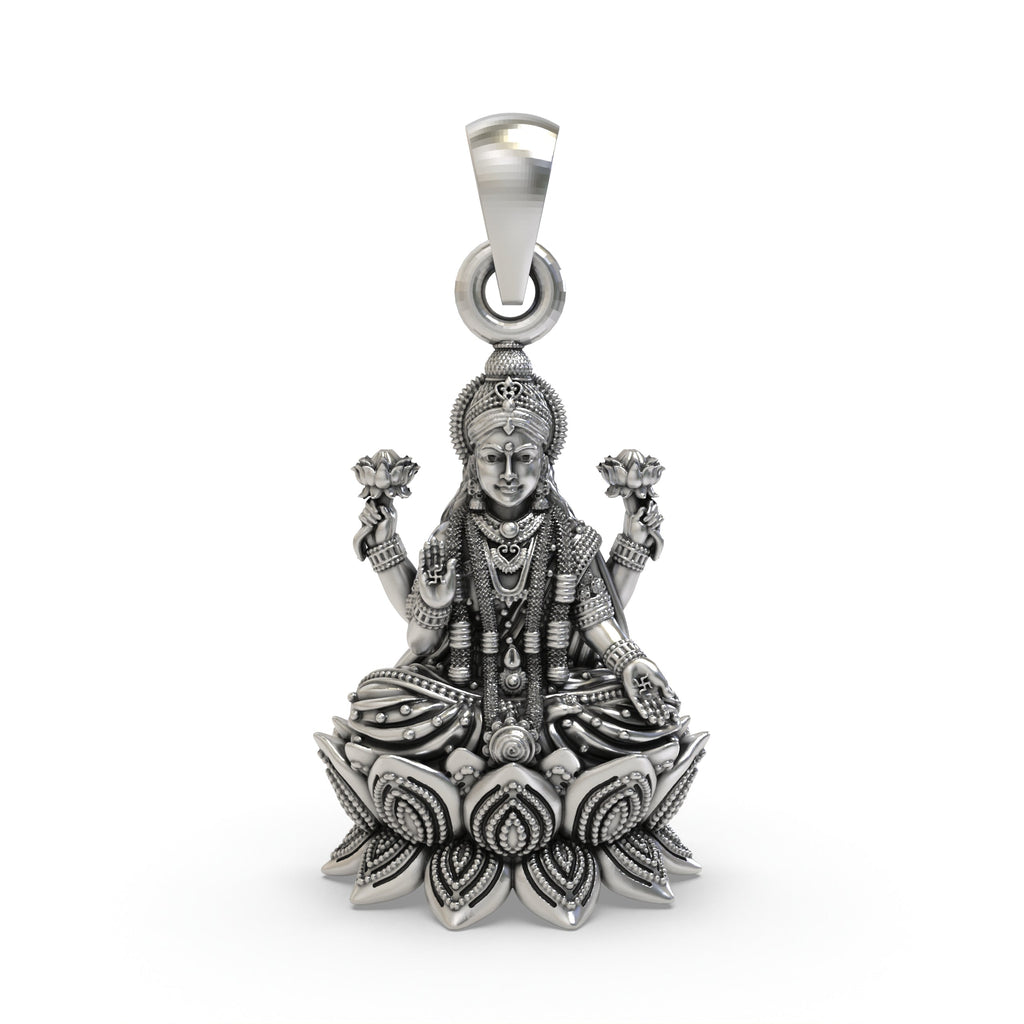 Front view of 925 Sterling Silver Lakshmi Pendant with Goddess sitting on a lotus flower.