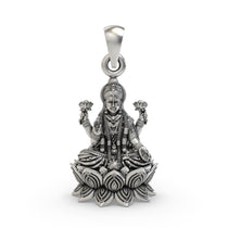 Front view of 925 Sterling Silver Lakshmi Pendant with Goddess sitting on a lotus flower.