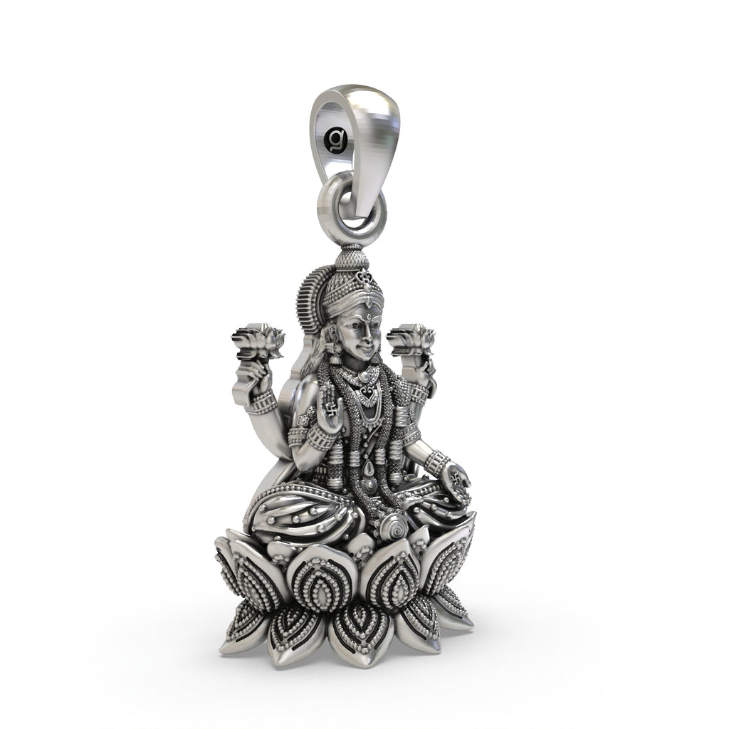 Side angle view of temple style 925 silver Goddess Lakshmi pendant for men and women.