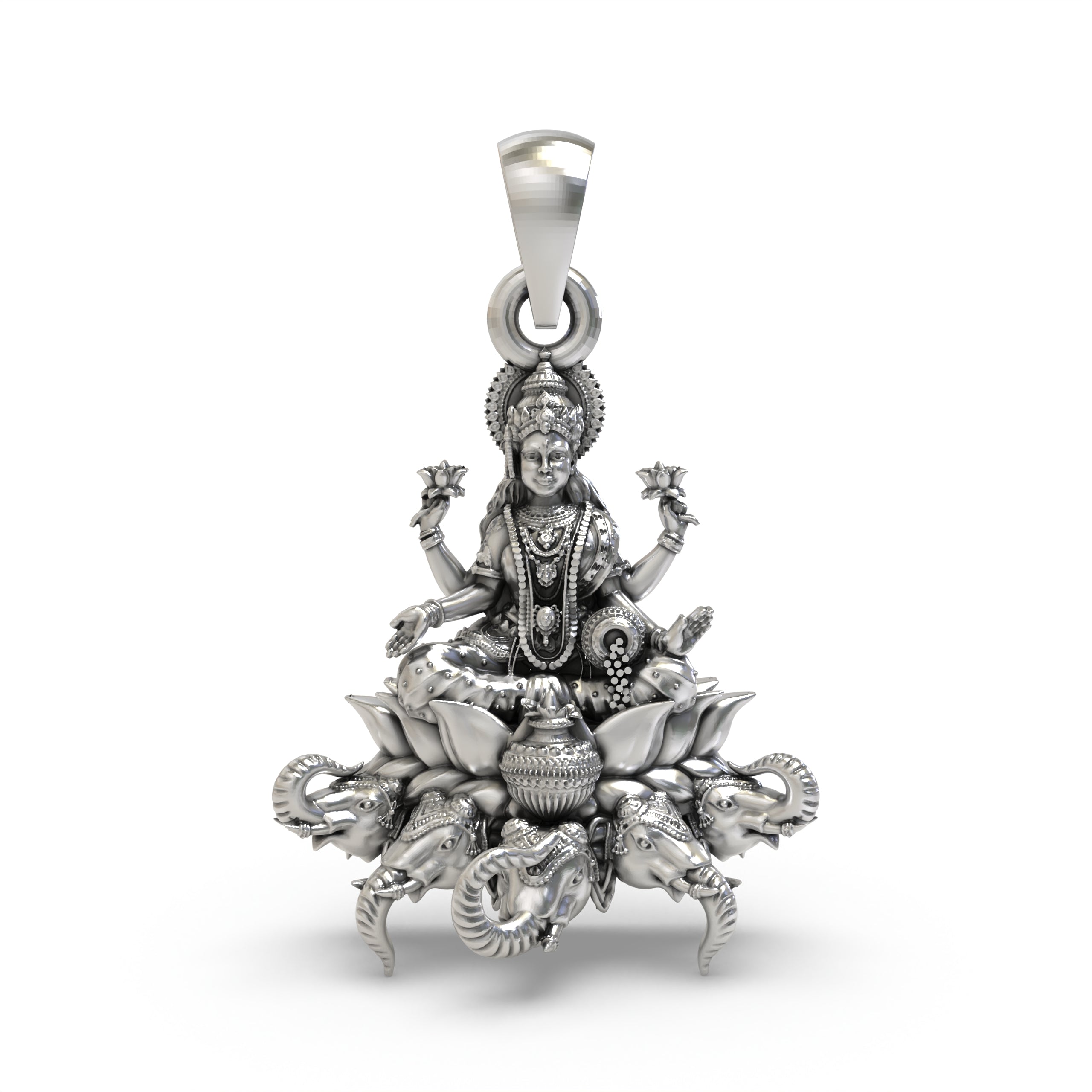 Front view of the 925 Sterling Silver Gajalakshmi Pendant featuring Goddess Mahalakshmi on a lotus.