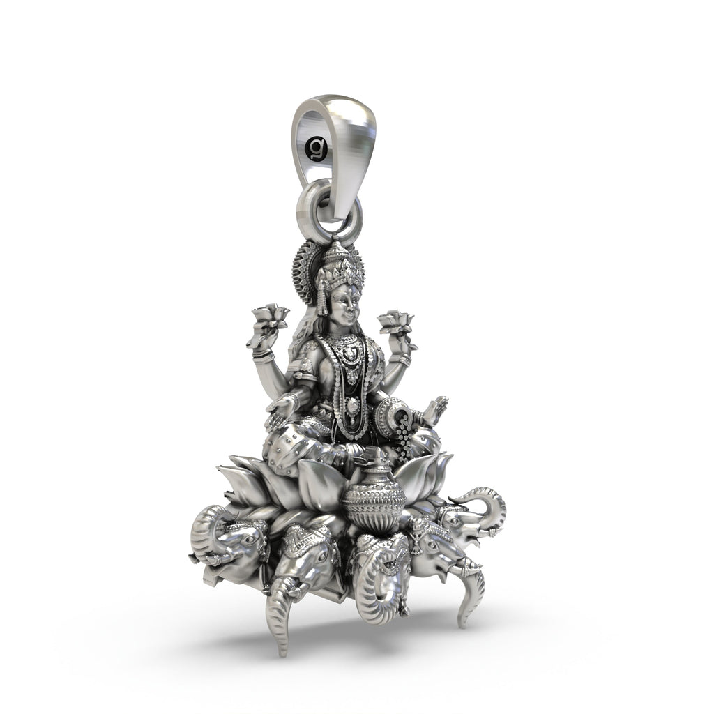 Angled side profile of the handmade temple jewellery Mahalakshmi silver pendant highlighting the finish.