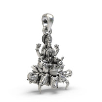 Angled side profile of the handmade temple jewellery Mahalakshmi silver pendant highlighting the finish.