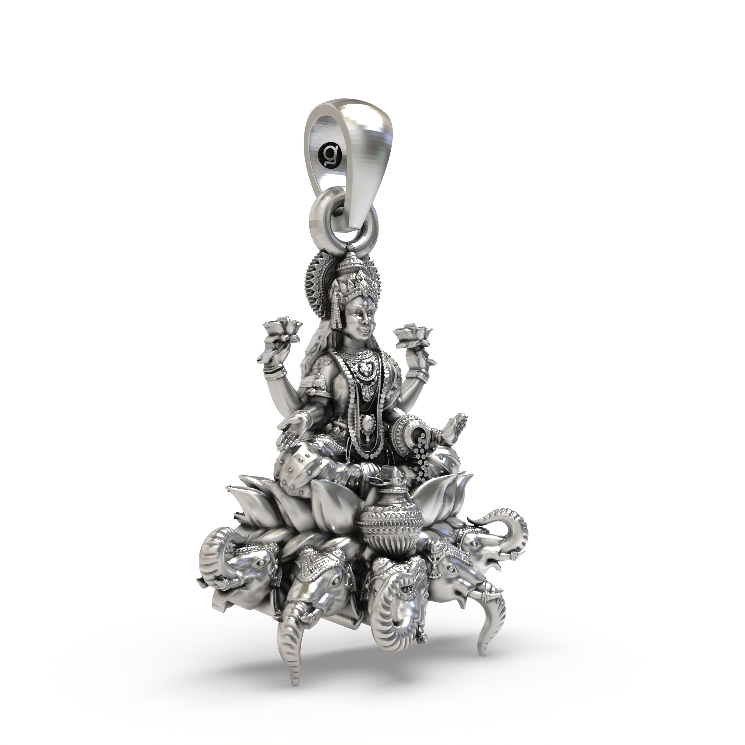 Angled side profile of the handmade temple jewellery Mahalakshmi silver pendant highlighting the finish.