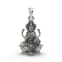 Front view of the 925 Sterling Silver Mahalakshmi Pendant featuring Goddess Lakshmi seated on a lotus.